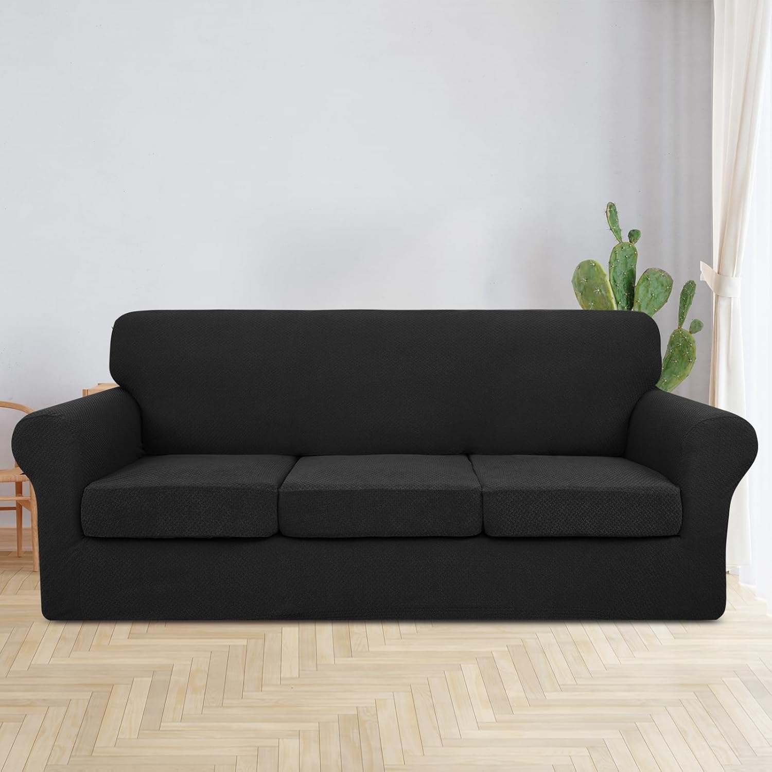 Detalle 2 de JIVINER 021 4-Piece Sofa Cover for 3 Cushions, Stretch Jacquard, Black