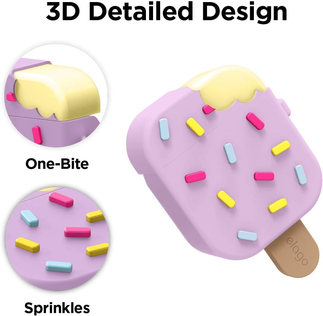 Detalle 2 de elago Étui Glace avec mousqueton pour Apple AirPods – coque en silicone 3D Myrtille