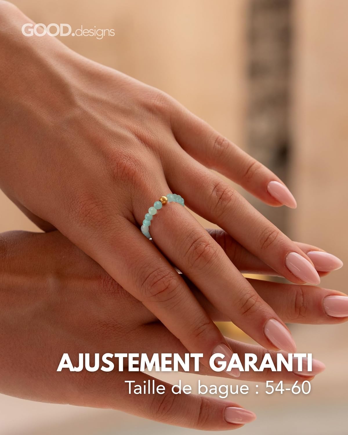 Detalle 1 de GD GOOD.designs EST. 2015 Anneau antistress en pierres naturelles avec perle S925 dorée — Tailles 54-60