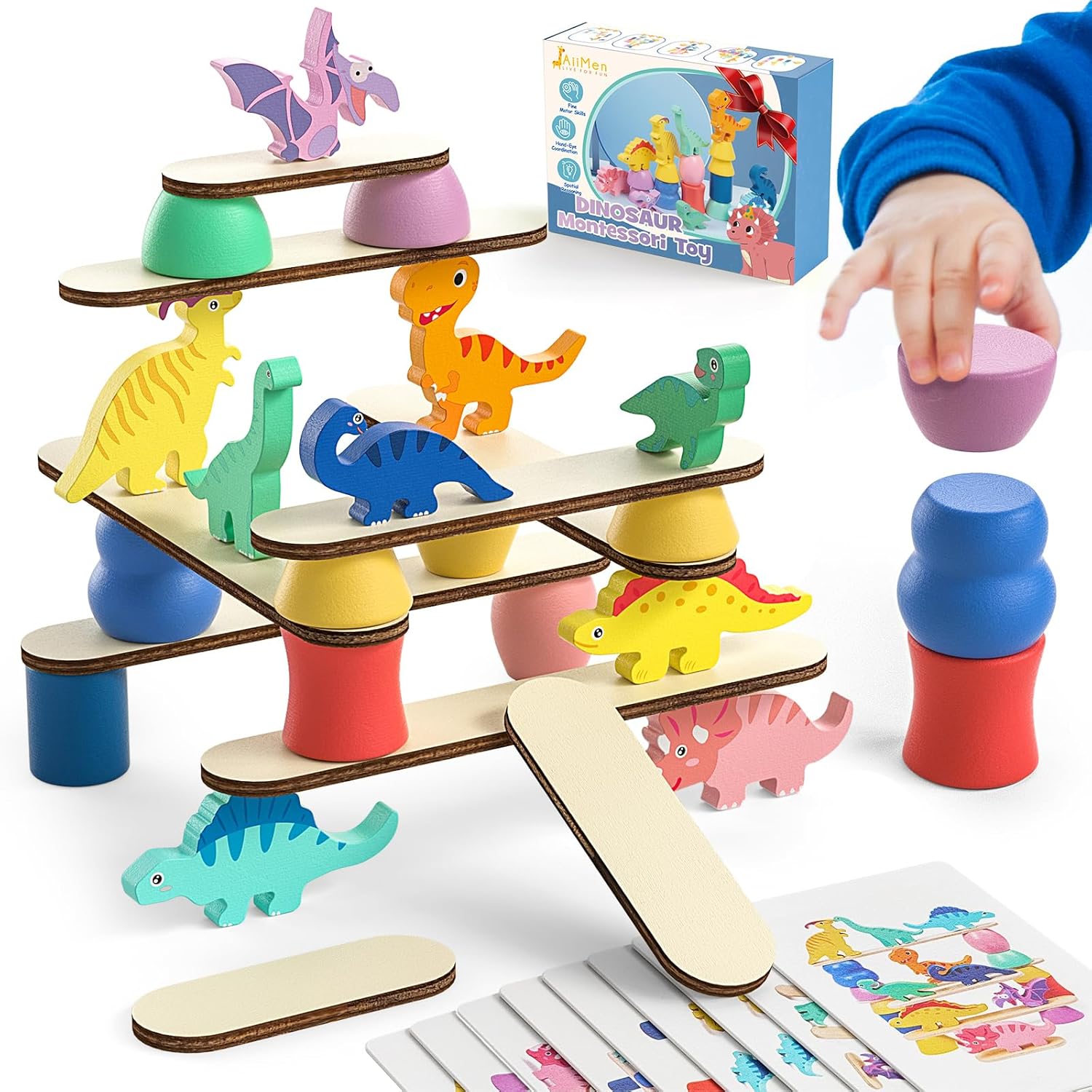 JAiiMen Montessori Dinosaur Wooden Blocks (9 blocks, planks, sorting & challenge cards) for ages 2–4