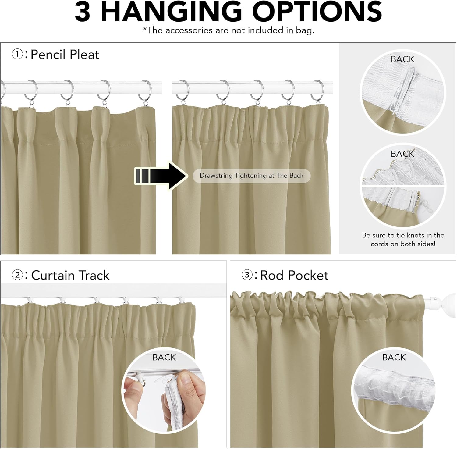 Thumbnail 2 de Deconovo Verdunkelungsvorhänge mit Kräuselband, 2er Set, 280x140 cm, Beige – Thermogardine