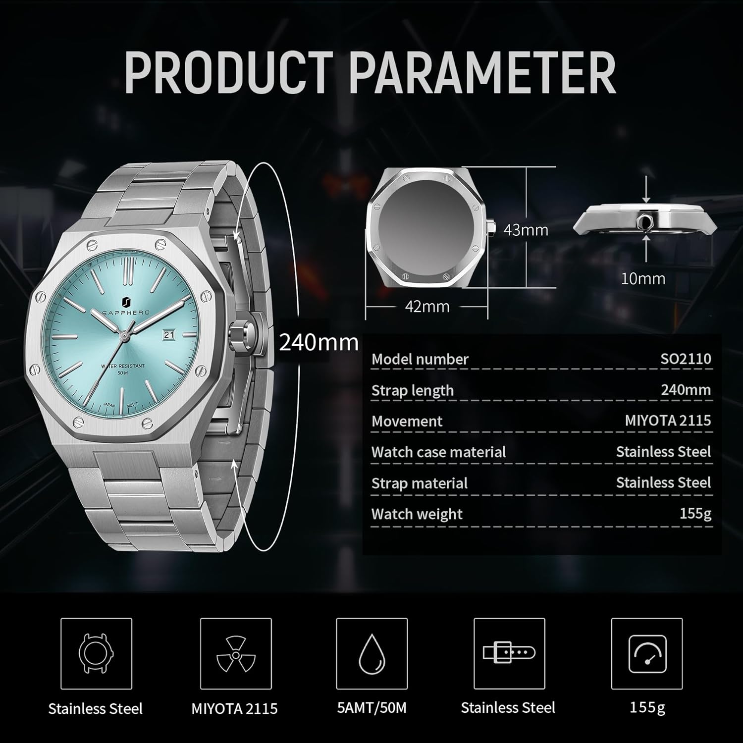 Thumbnail 4 de SAPPHERO Montre pour Hommes en Acier Inoxydable — Montre 50M, boîtier octogonal, quartz japonais, avec date et luminosité