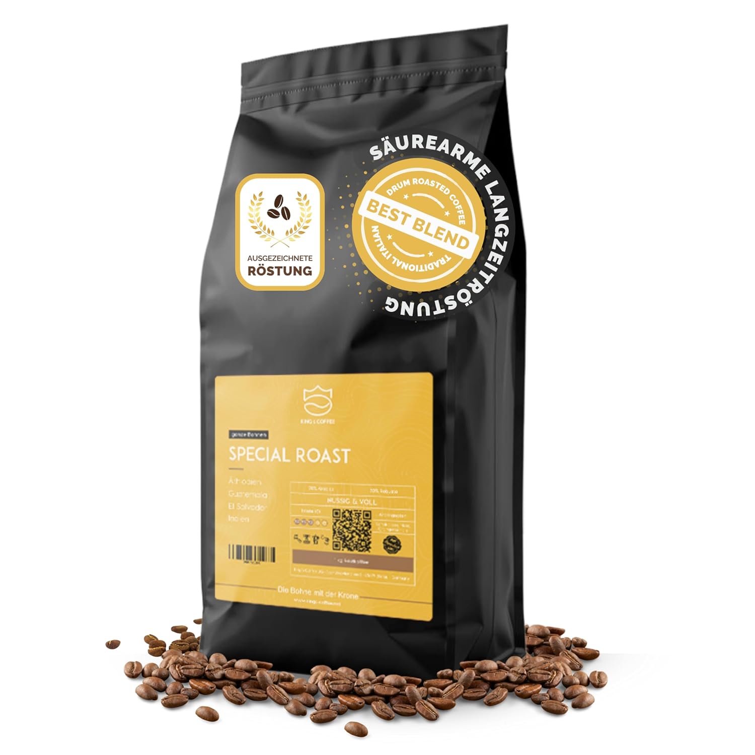 Detalle de KING'S COFFEE SPECIAL ROAST – 1 kg Premium Barista Espressobohnen – säurearm, italienische Trommelröstung, Arabica-Robusta Blend