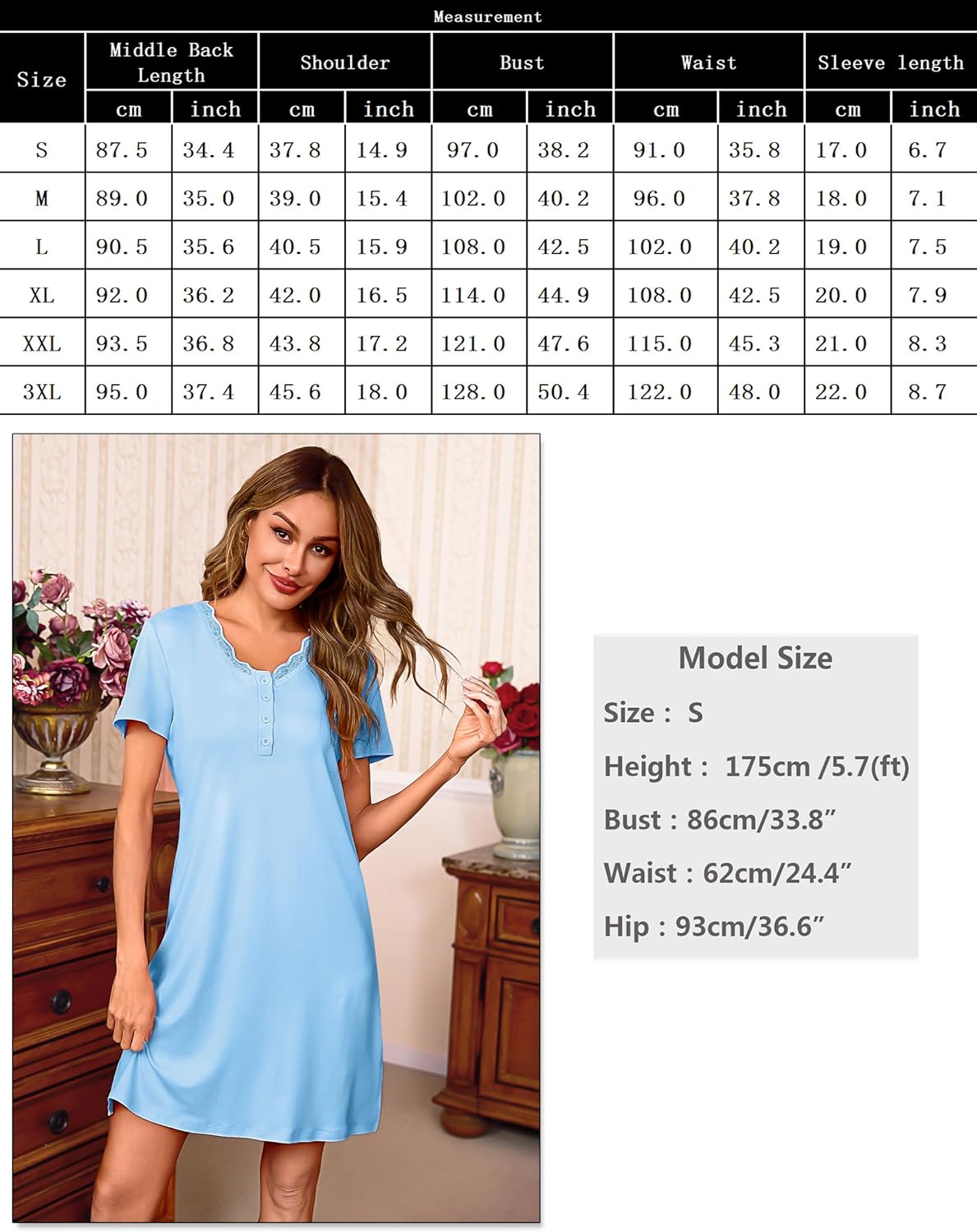 Thumbnail 5 de Bresdk chemise de nuit femme en coton manches courtes à col en V et dentelle, grande taille S-3XL