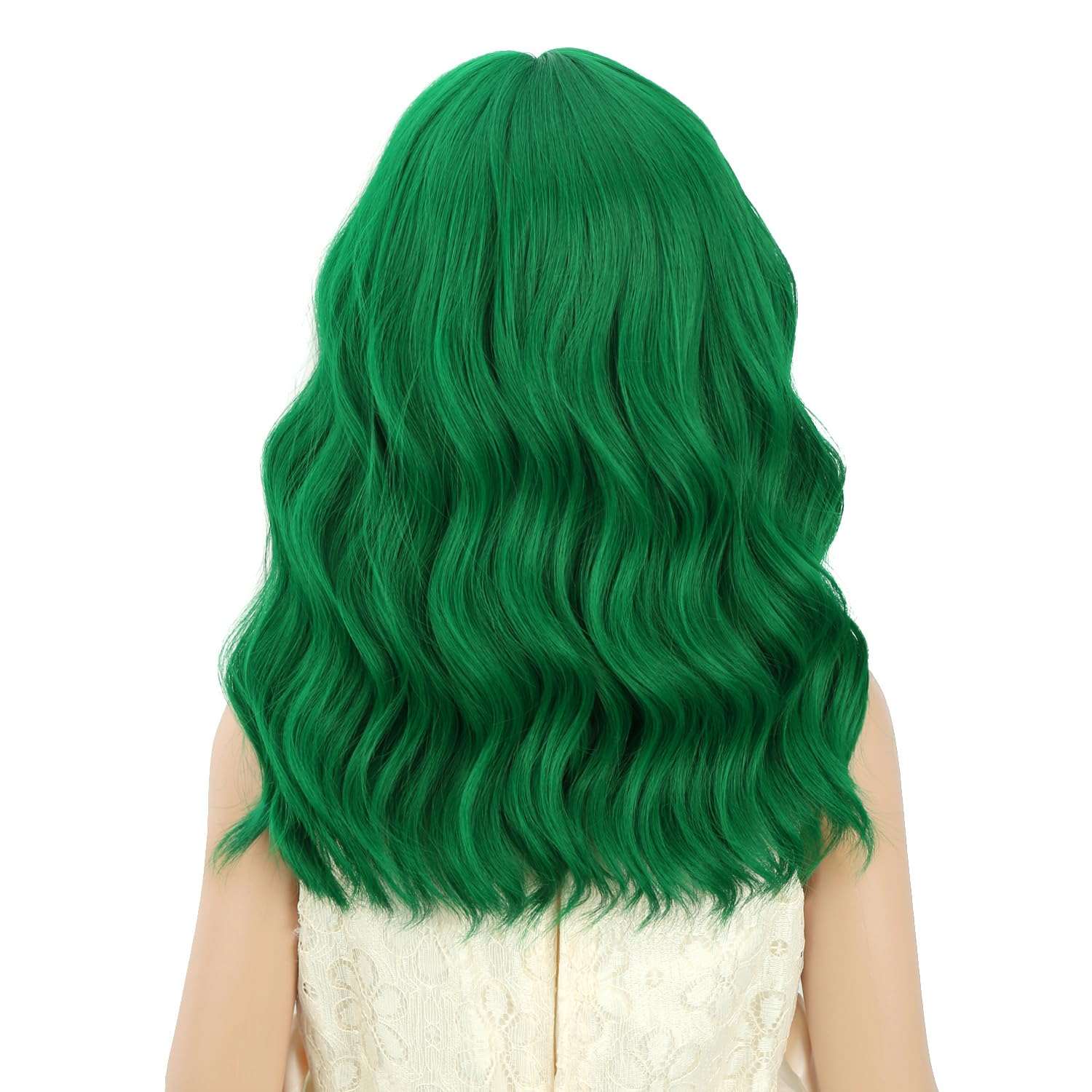 Detalle 2 de PATTNIUM Kids Green Wig with Bangs, Wavy Shoulder-Length Synthetic Hair