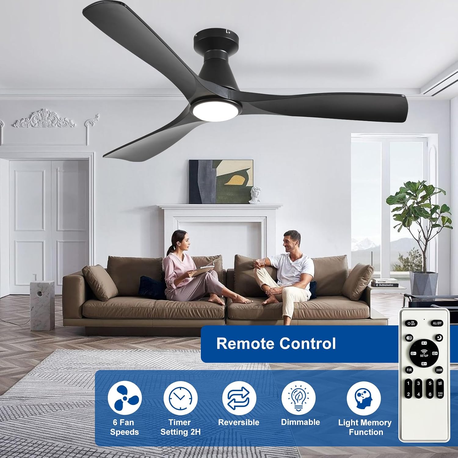 Detalle de Depuley 52-Inch Flush Mount Ceiling Fan with Lights — Black 3-Blade, DC Motor, Remote