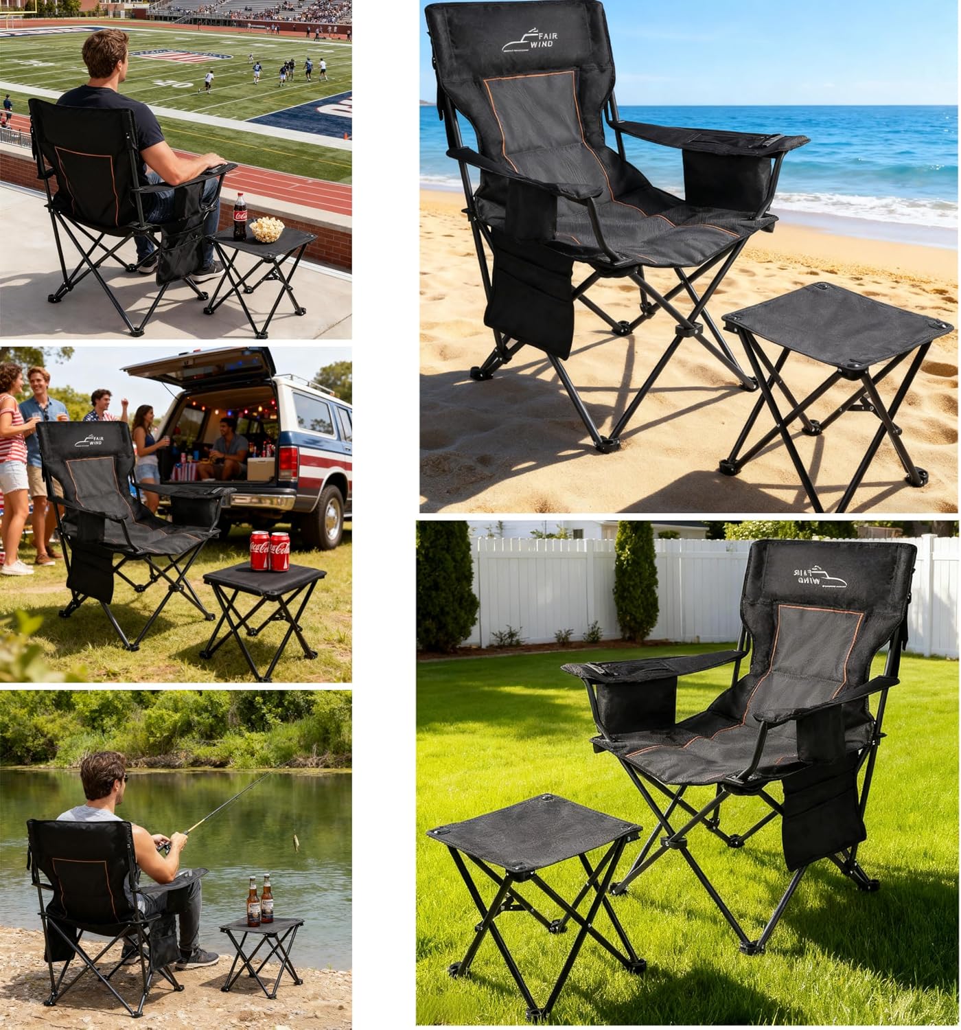 Thumbnail 3 de FAIR WIND Oversized Padded Camping Chair with Footrest Stool Set – Heavy Duty, 300 LBS, Cooler Bag (Black/Gray)