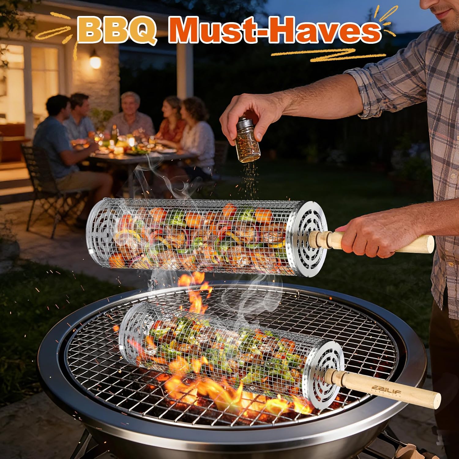 Thumbnail 6 de Ezilif 2PCS Rolling Grill Baskets – 304 Stainless Steel, with Detachable Wooden Handle and Nesting Net