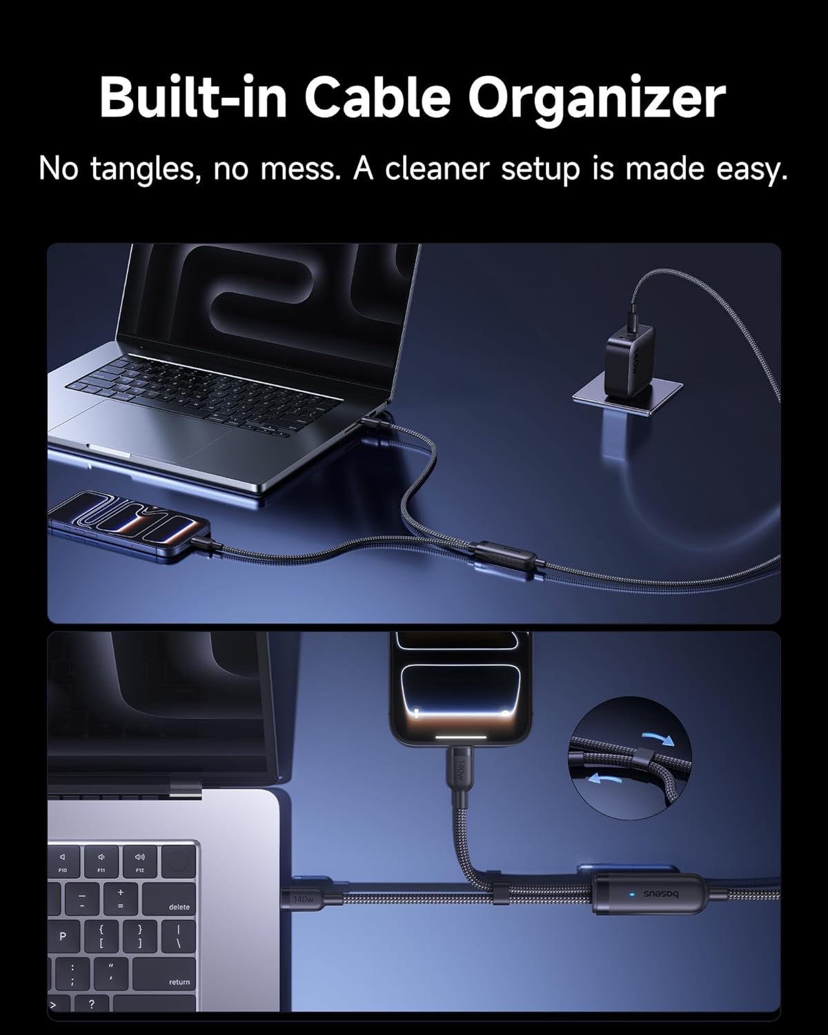 Thumbnail 4 de Baseus USB-C Cable (Single Port Max 140W, 5A) 2-in-1 Fast Charging USB-C to USB-C, 4.9 ft nylon braided