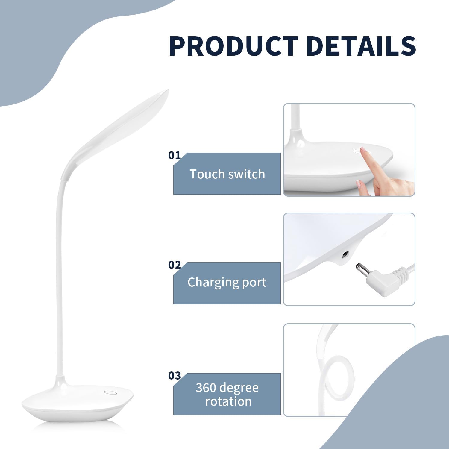 Detalle de TOPJESS Desk Lamp 3-level dimmer USB touch desk lamp
