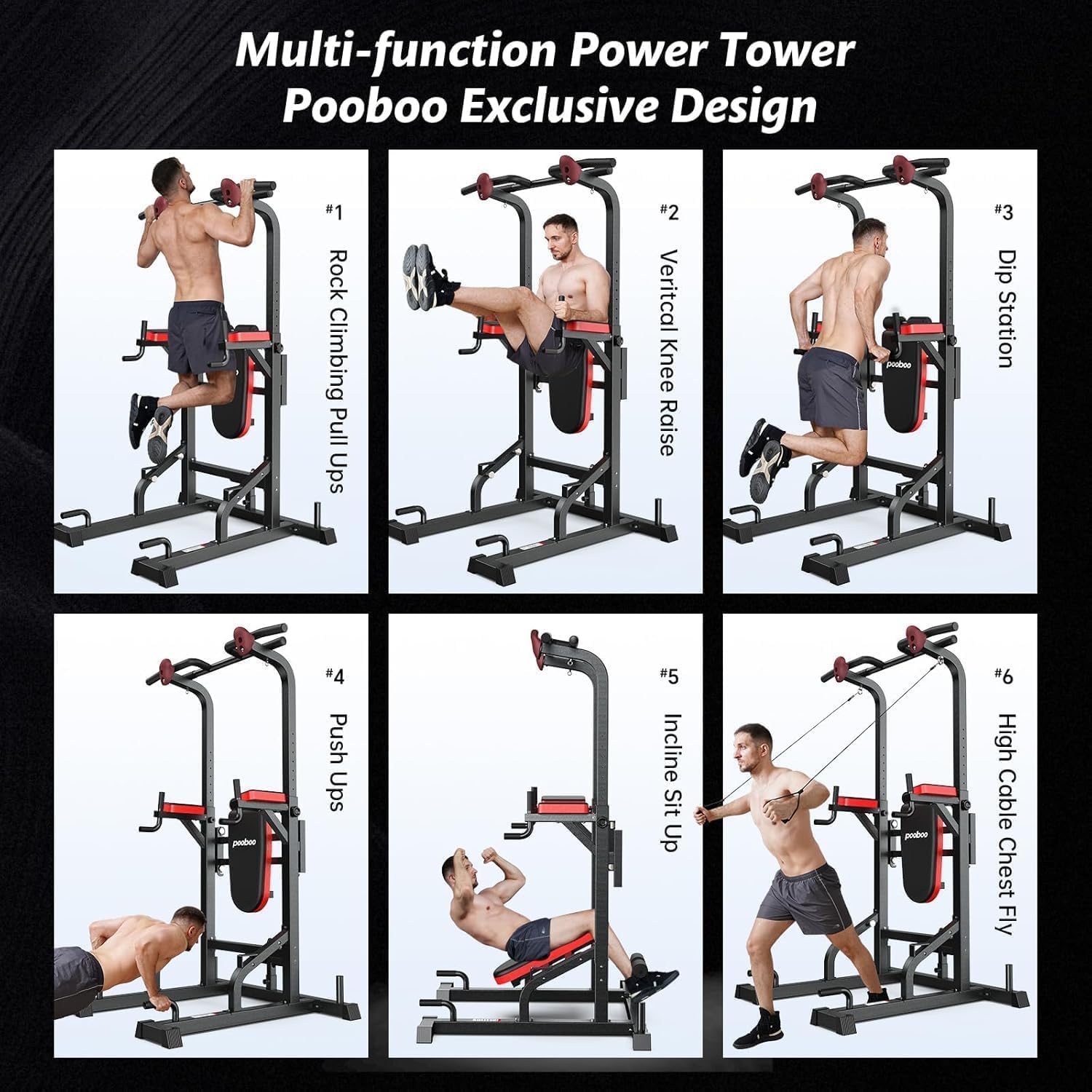 Thumbnail 5 de pooboo Power Tower Dip Station with 11 Height Settings and Folding Bench