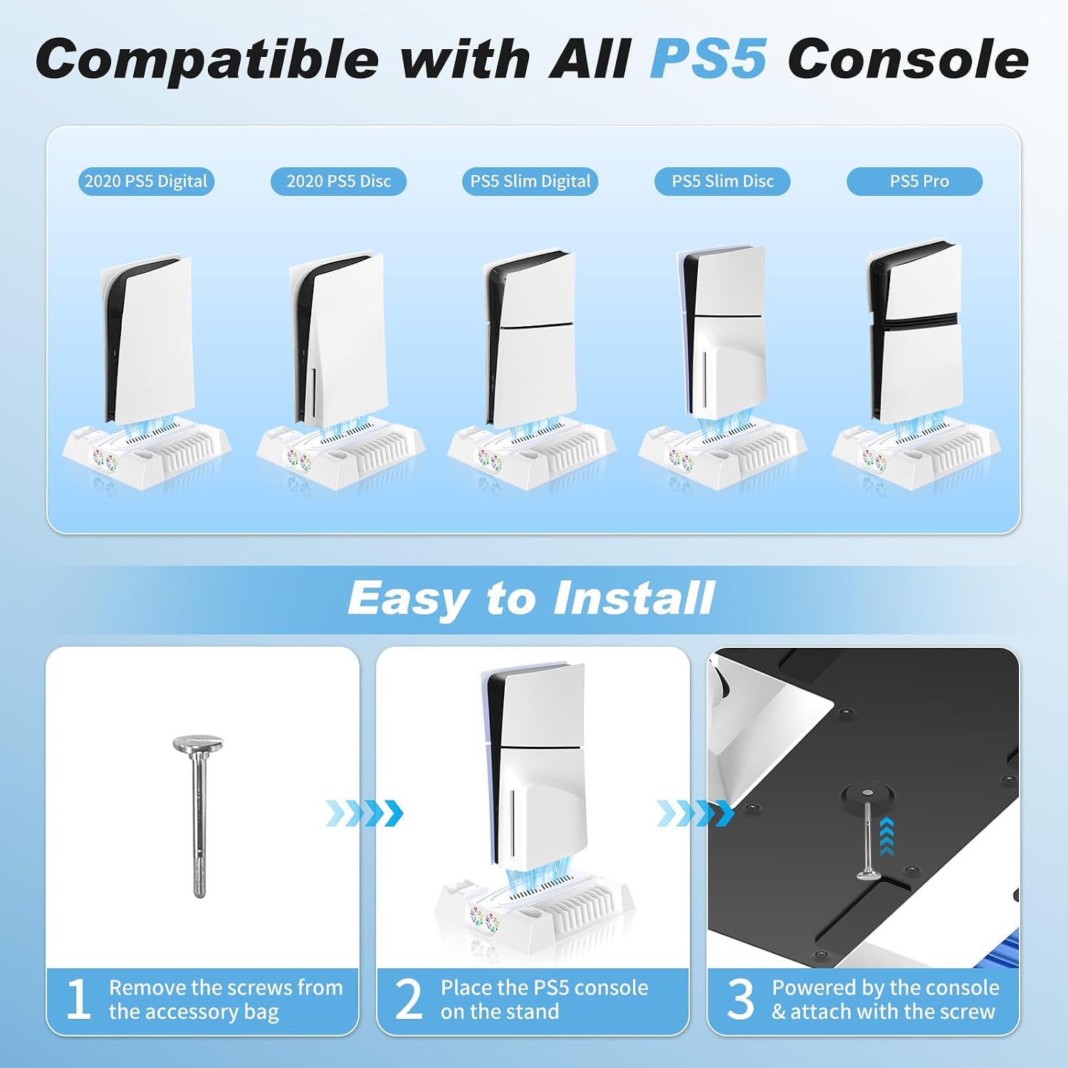 Detalle de Nonbliep LED Stand and Cooling Station for PS5 (Digital/Disc, Slim, Pro) with Dual Controller Charging and 9-Disc Storage