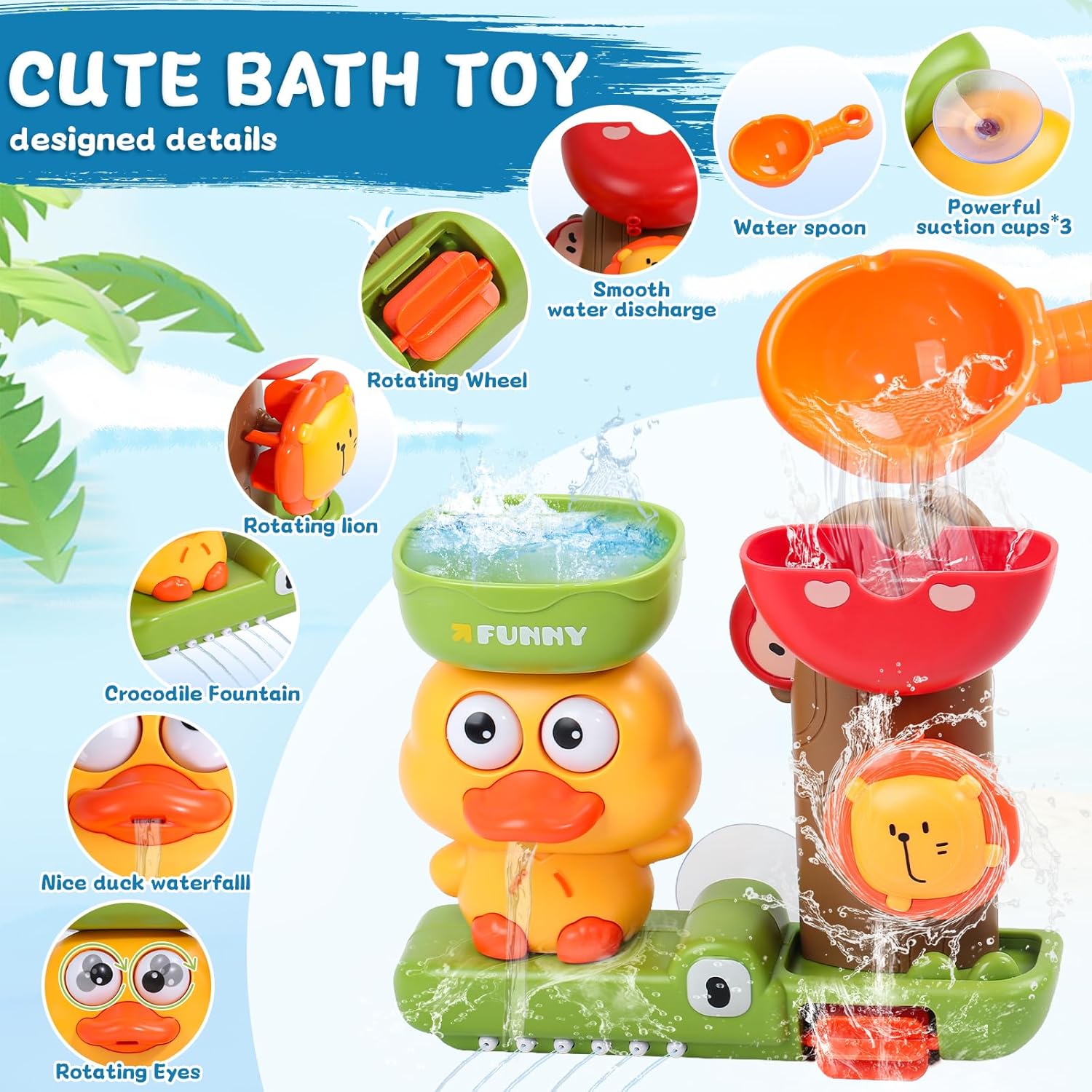 Thumbnail 2 de Bath Toys for 1 Year Old Toddler: duck waterflow toy with 3 stackable animal cups and suction cups