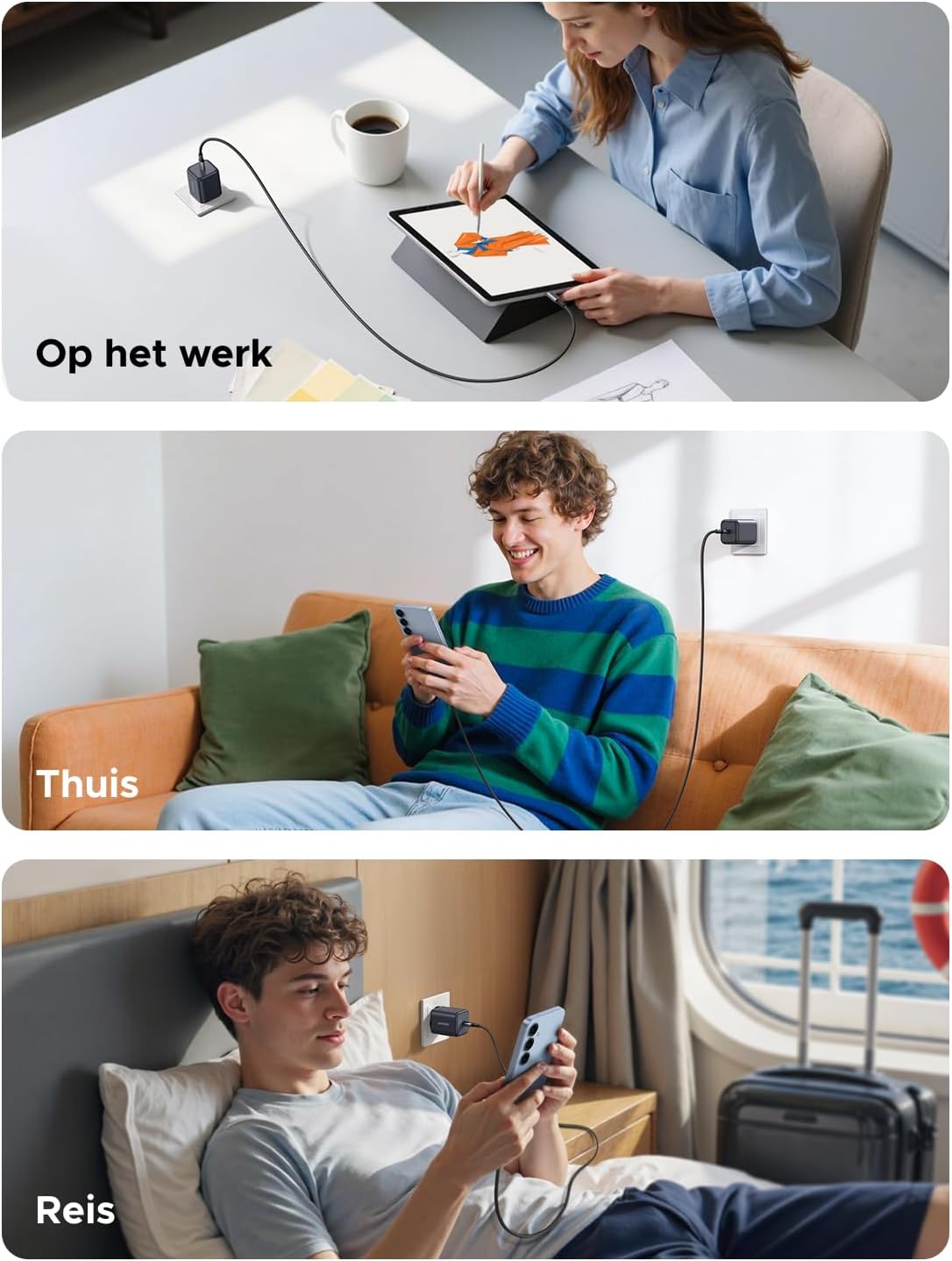 Detalle de UGREEN 45W USB-C-oplader met PPS, compact ontwerp en één poort
