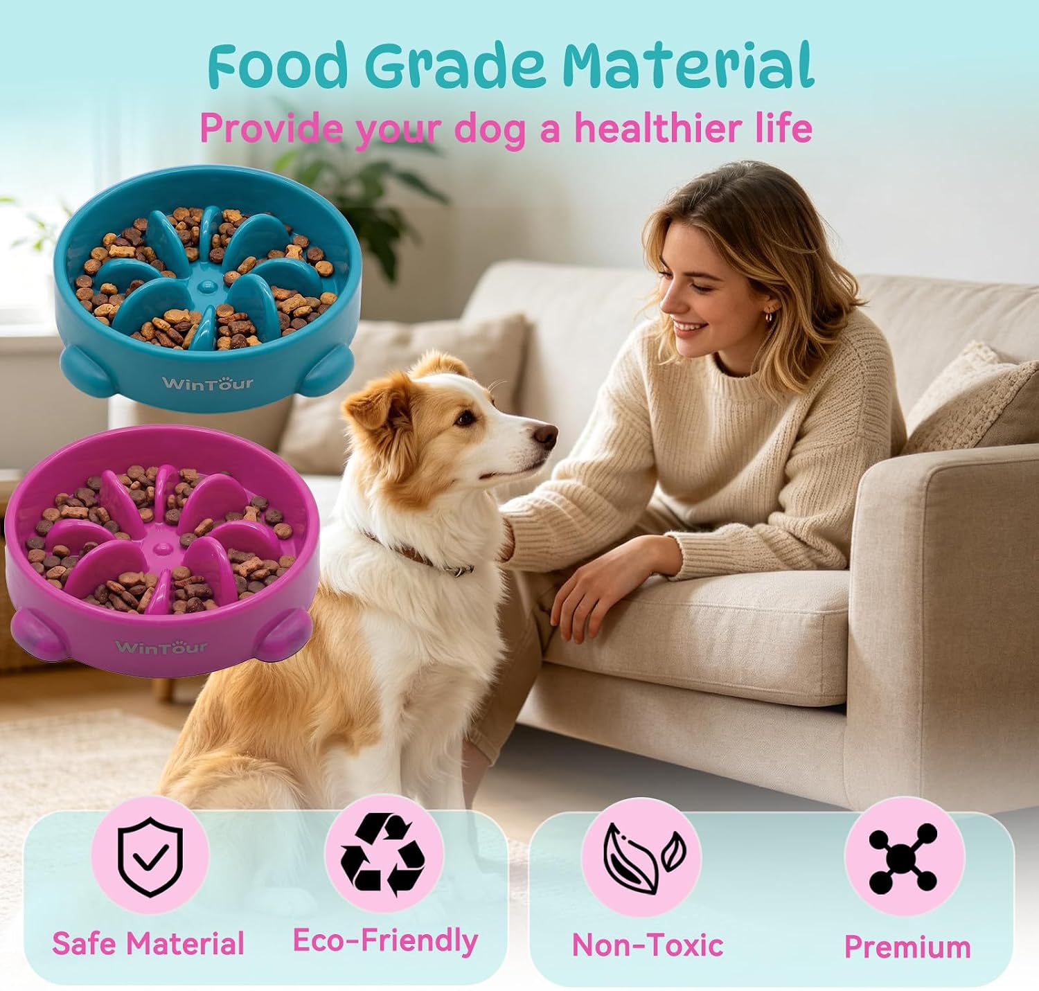 Thumbnail 4 de WinTour Dog Slow Feeder Bowl, 2-Pack Flower-Design PP Puzzle Feeders