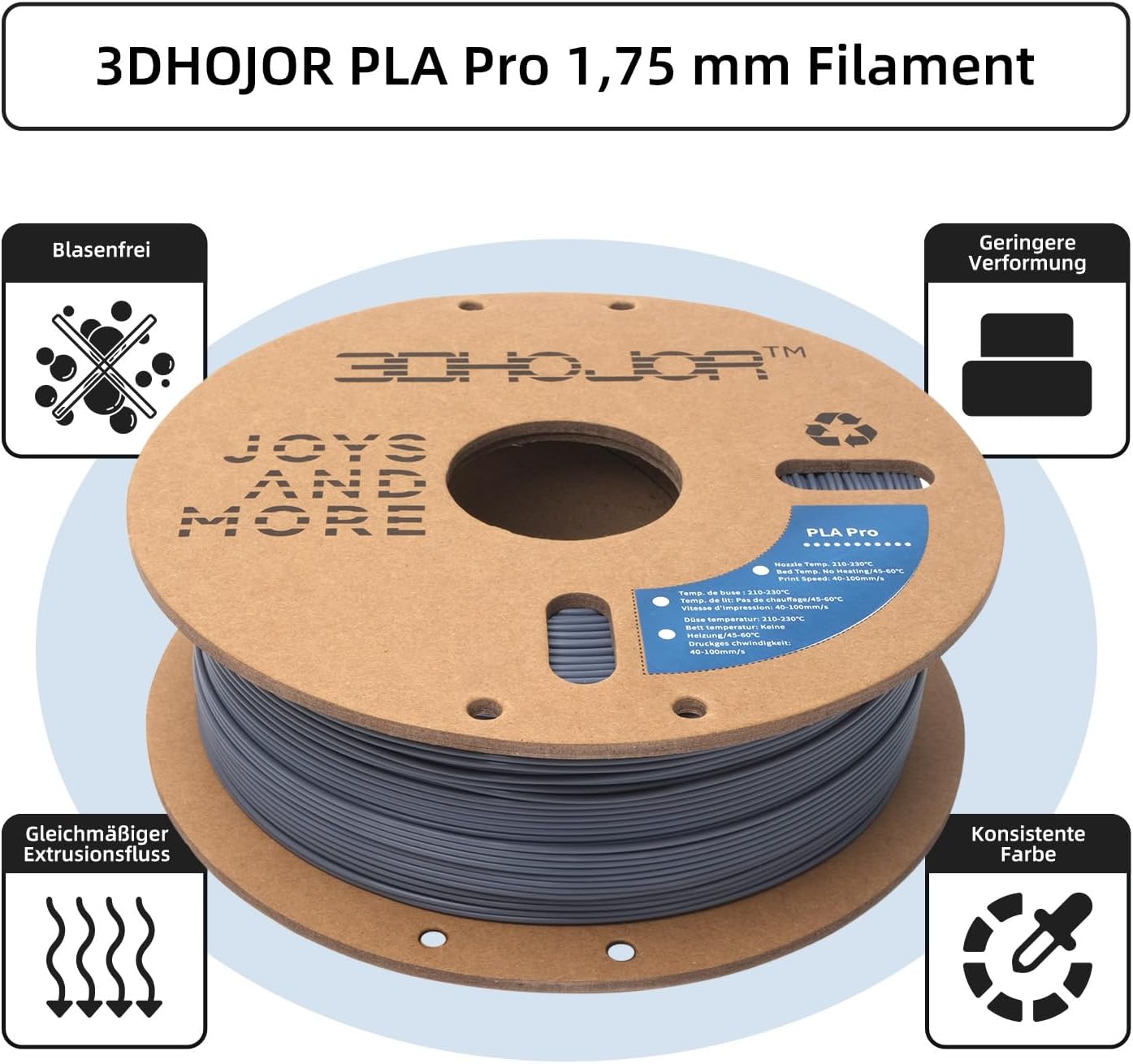 Thumbnail 1 de 3DHoJor PLA+ Filament 1,75 mm (PLA Plus) für FDM-Drucker – Grau, Maßgenauigkeit ±0,02 mm, 1 kg Spule