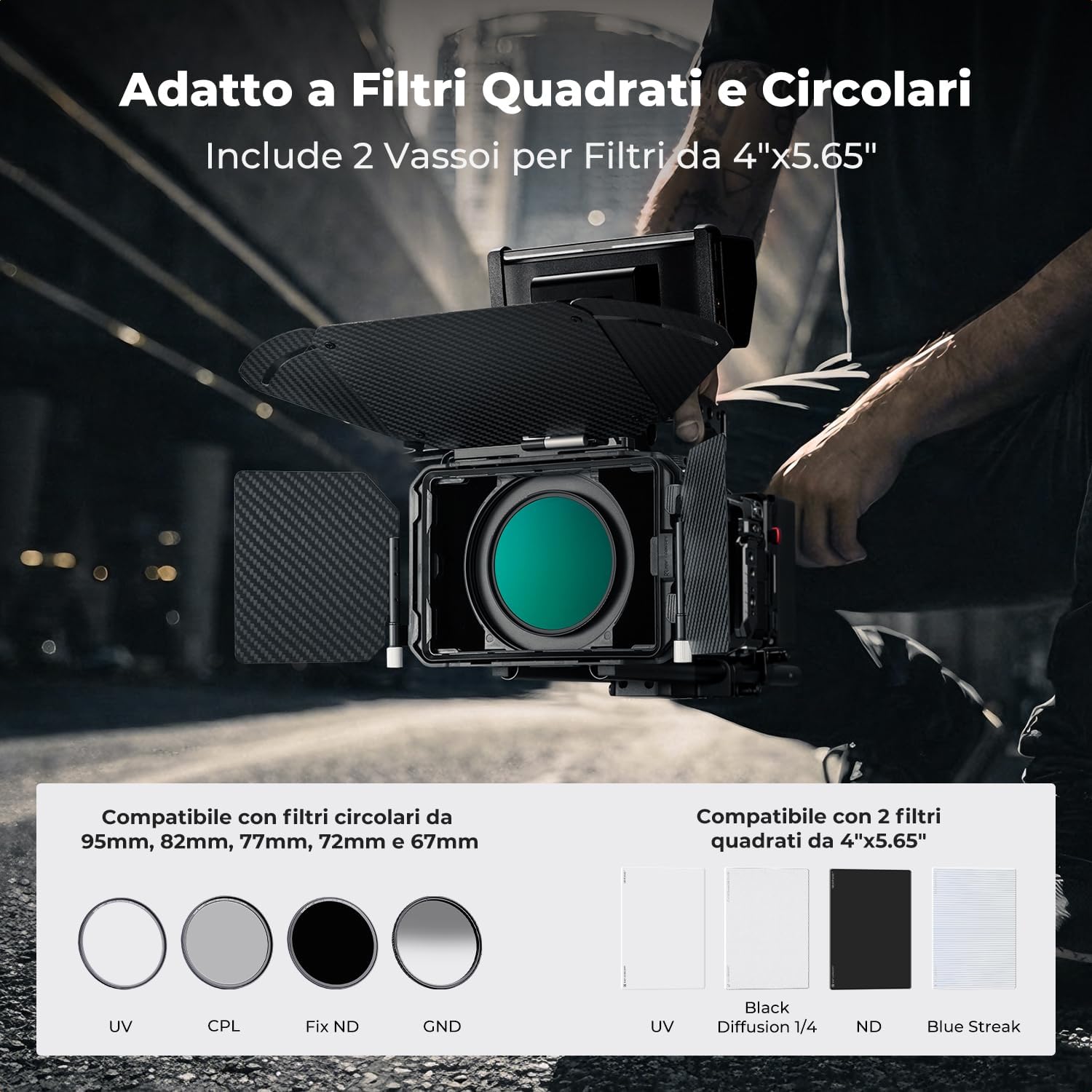 Detalle de K&F CONCEPT Mini Matte Box con 2 Portafiltri 4”x5,65” e Alette in fibra di carbonio per DSLR/Mirrorless – 5 anelli adattatori inclusi