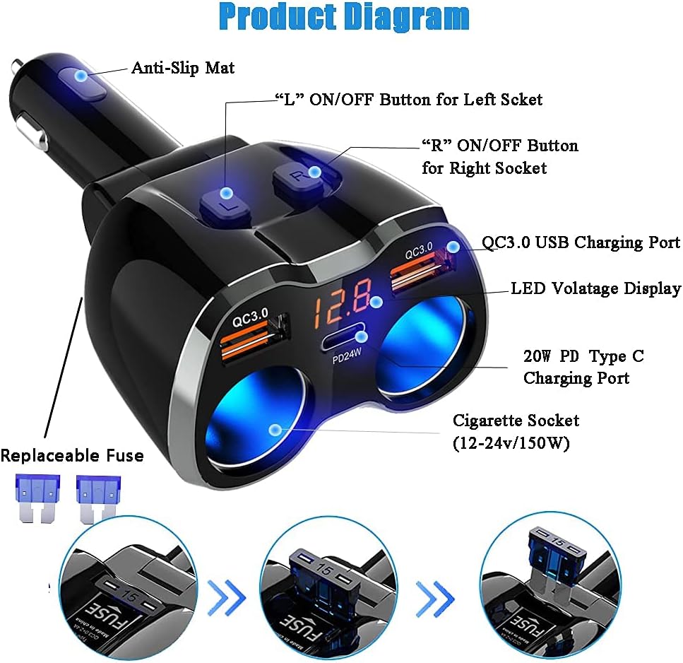 Thumbnail 5 de USB Car Charger Adapter Cigarette Lighter Splitter with QC3.0 + 20W USB-C PD and LED voltage display