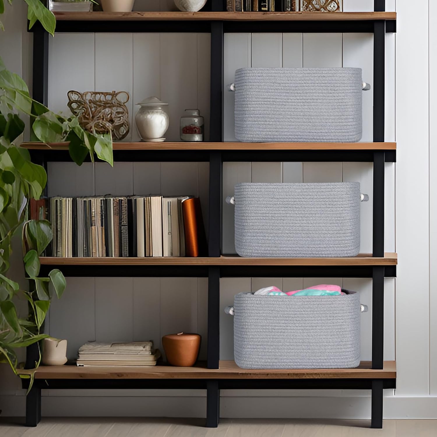 Detalle 2 de Univivi 3-Pack Rope Storage Baskets (White/Grey) for Shelves & Home Organisation
