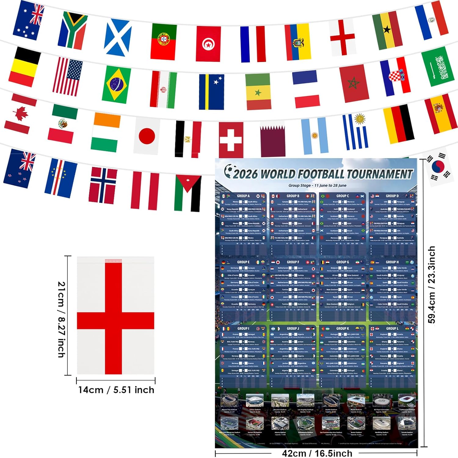 Thumbnail 1 de AhfuLife World Cup 2026 Flags Bunting & Wall Chart Set (15m, 48 Flags + 2 Posters) – A2 Poster with 48 Teams Schedule
