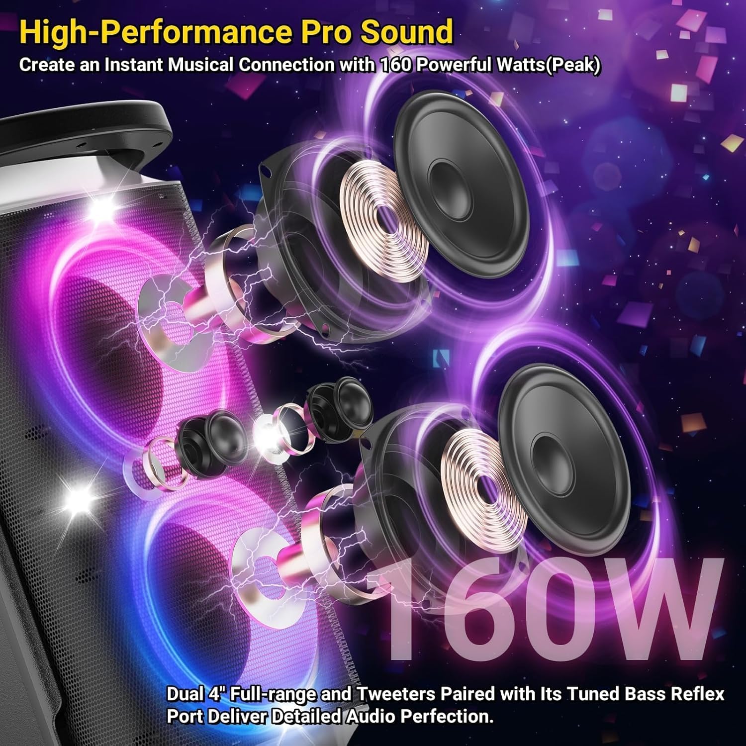 Thumbnail 1 de TPBEAT Portable Bluetooth Party Speaker: 160W Peak Power, Deep Bass & LED Light Show
