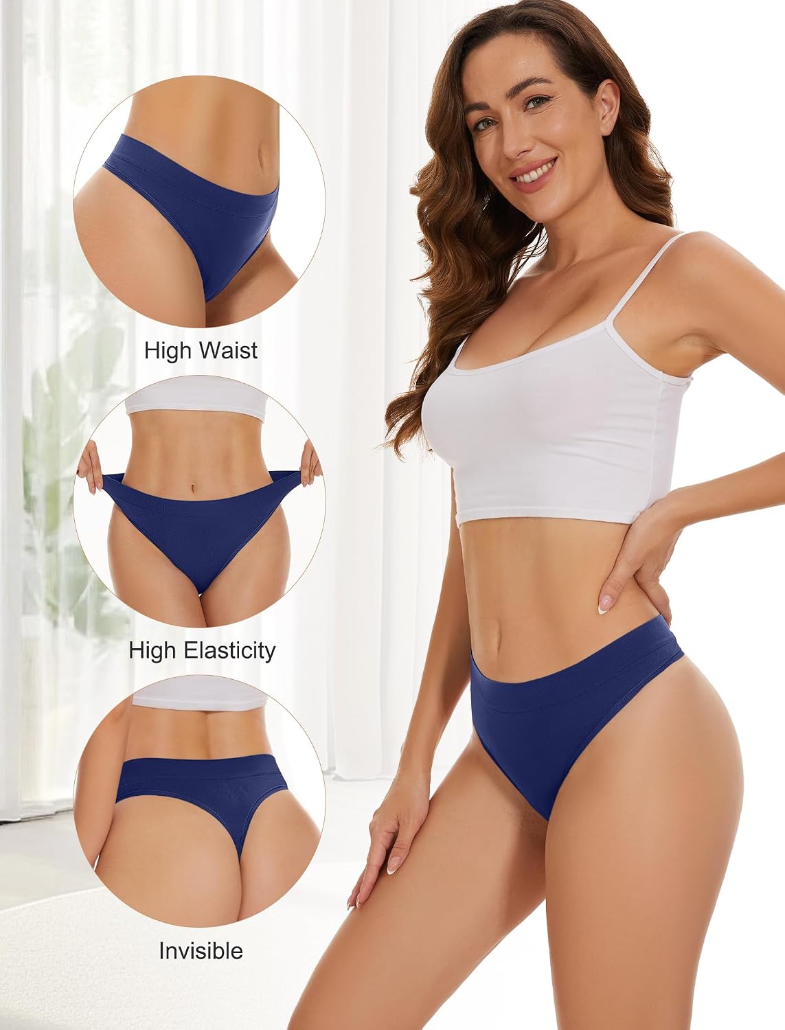 Detalle 2 de VOENXE Seamless High Waisted No VPL Thongs (5-Pack) – Breathable Gym & Everyday Knickers