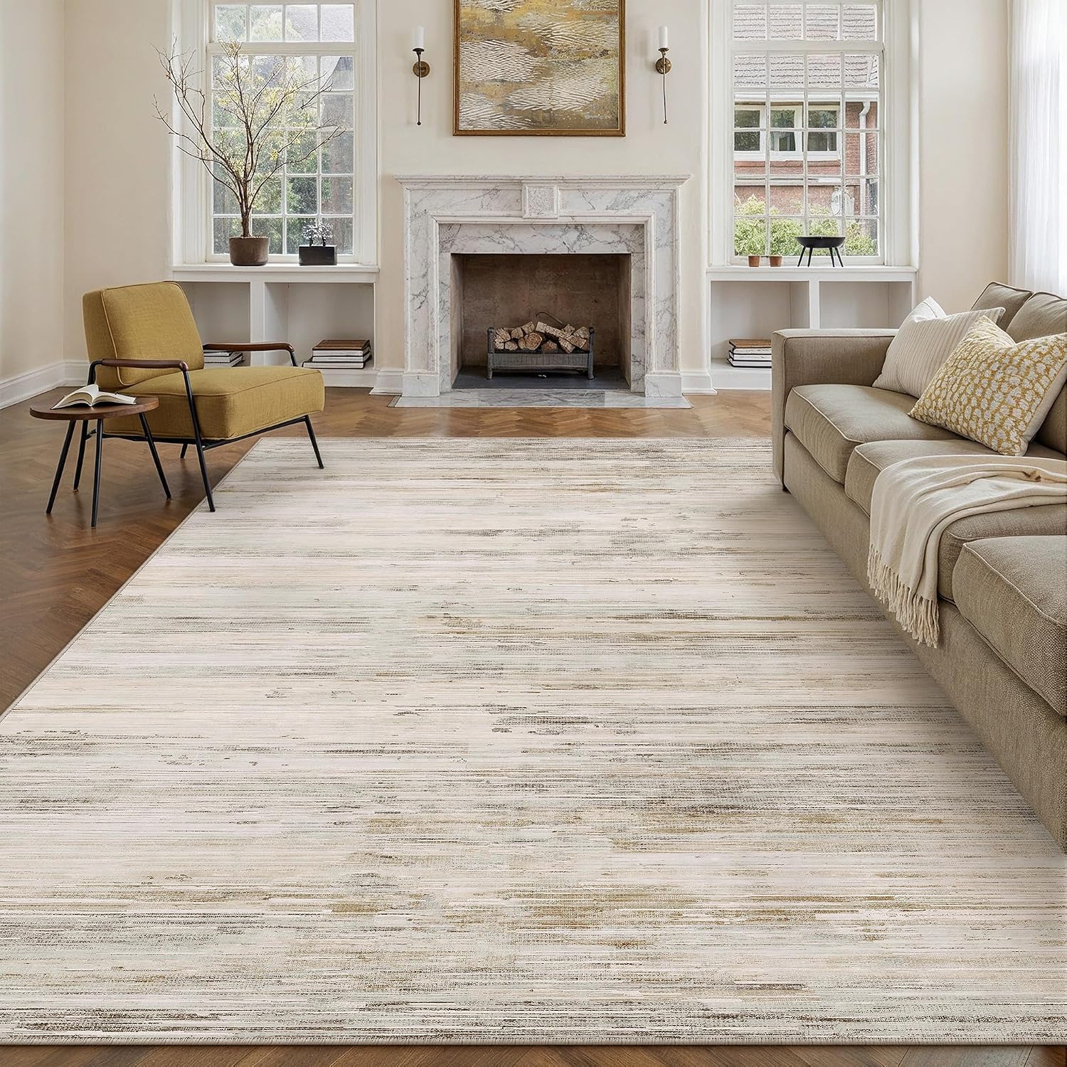 Detalle de PureCozy Beige Teppich 200x300 cm – abstrakt, waschbar, rutschfeste Kurzflor-Option für Wohnzimmer & mehr