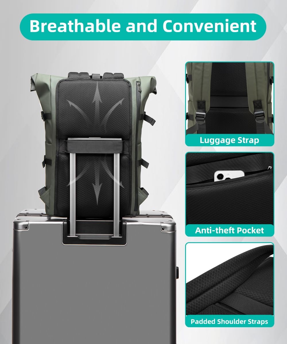 Detalle de GYakeog Rolltop Rucksack (groß) 33 l – wasserdichter Laptop-Rucksack bis 15 Zoll, Rollverschluss, Anti-Diebstahl, Fahrrad- & Alltagstauglich