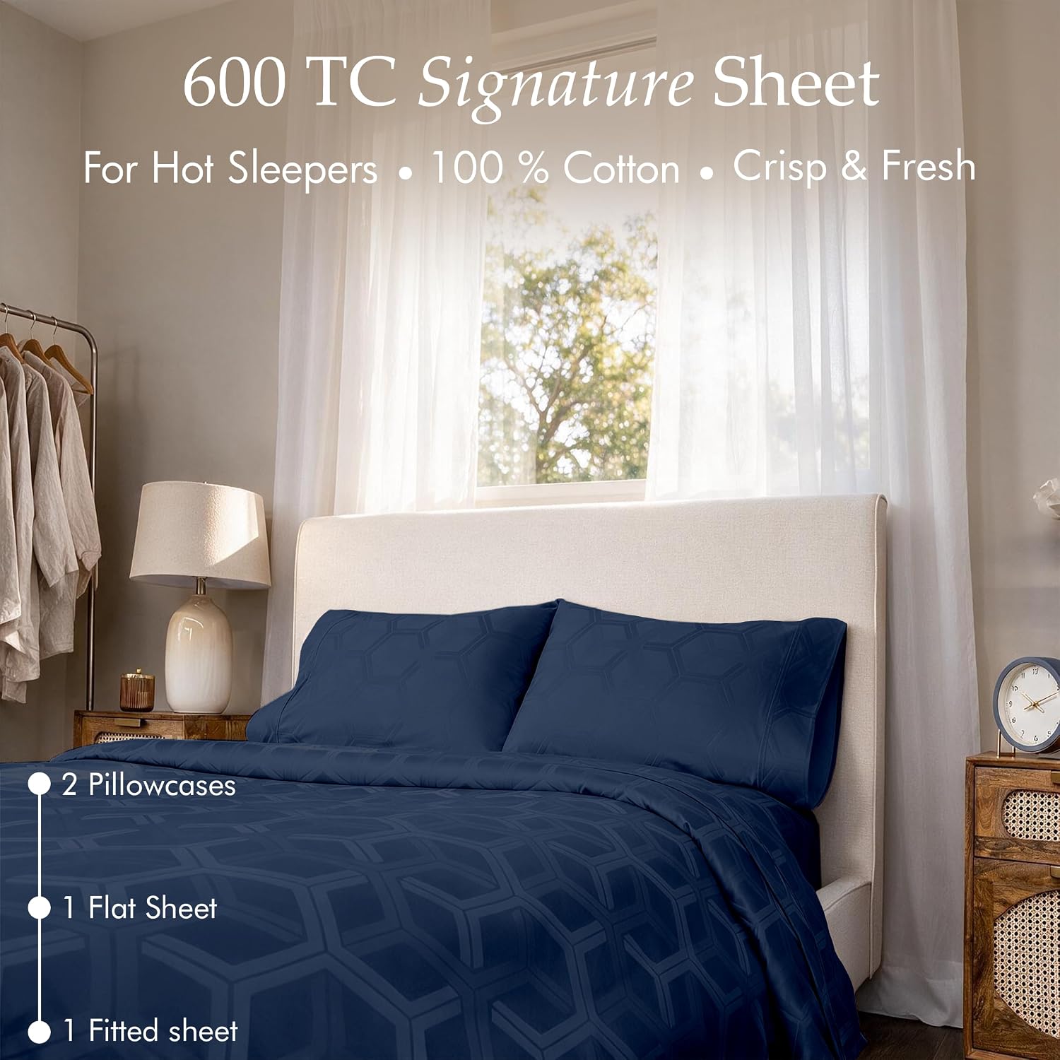 Thumbnail 1 de Threadmill 100% Cotton Sheets for Queen Size Bed — 600 Thread Count Jacquard Sateen, Deep Pocket 16", Folkstone Blue