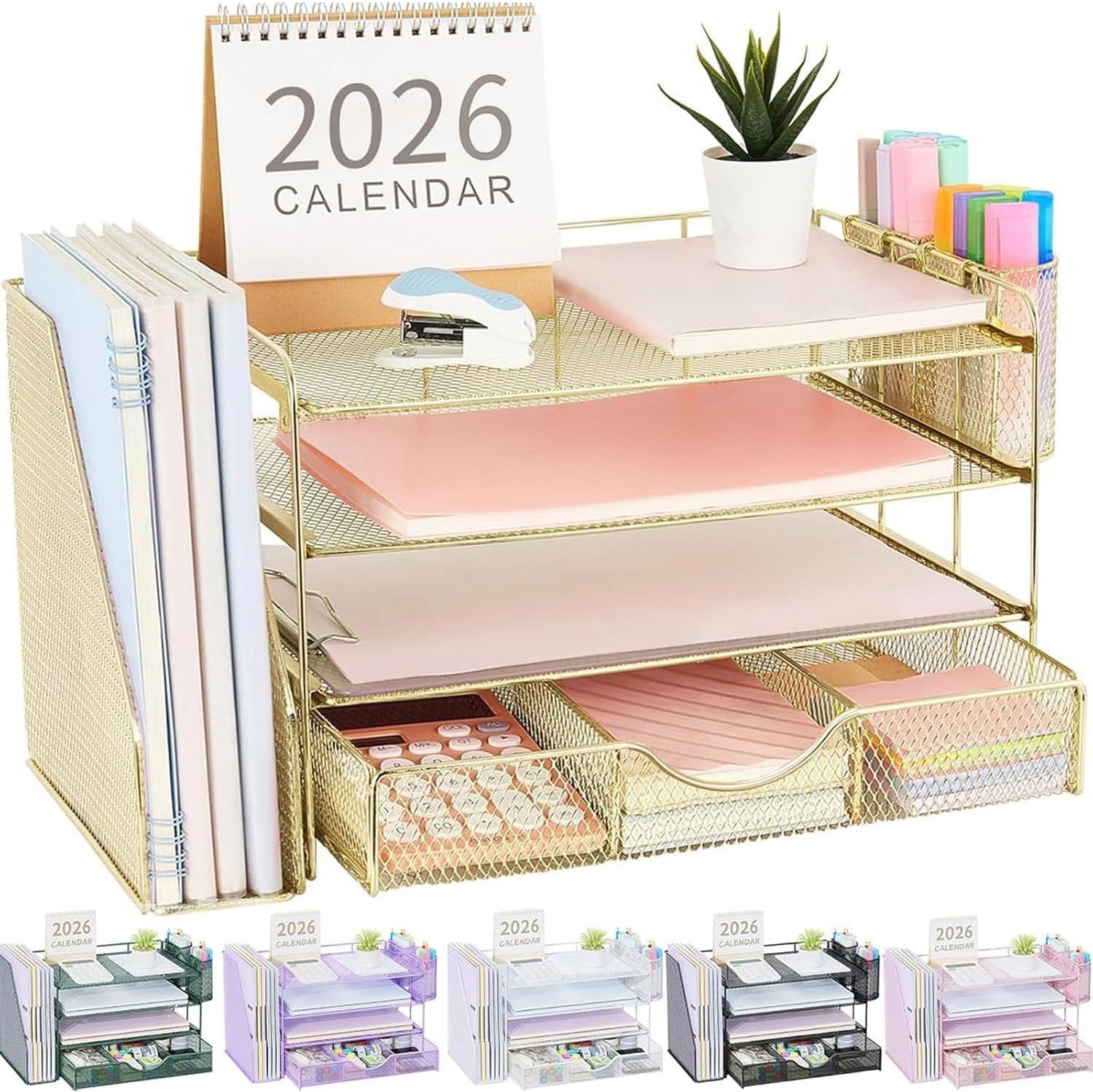 Detalle de gianotter 4T-2 Desk Organizer, 4-Tier Metal Paper Organizer with Drawer, Gold