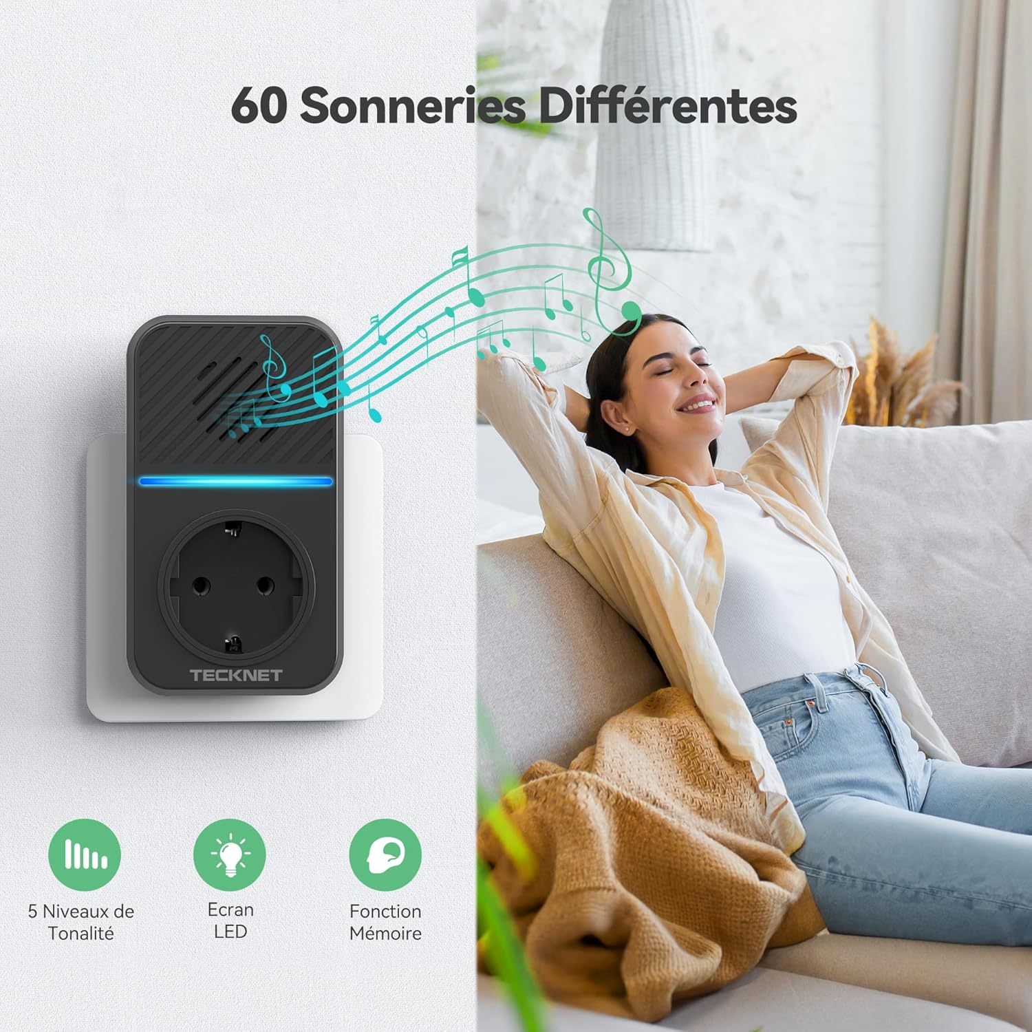 Thumbnail 6 de TECKNET Sonnette sans Fil 400M avec prise USB, IP65 et mémoire – Carillon extérieur sans piles