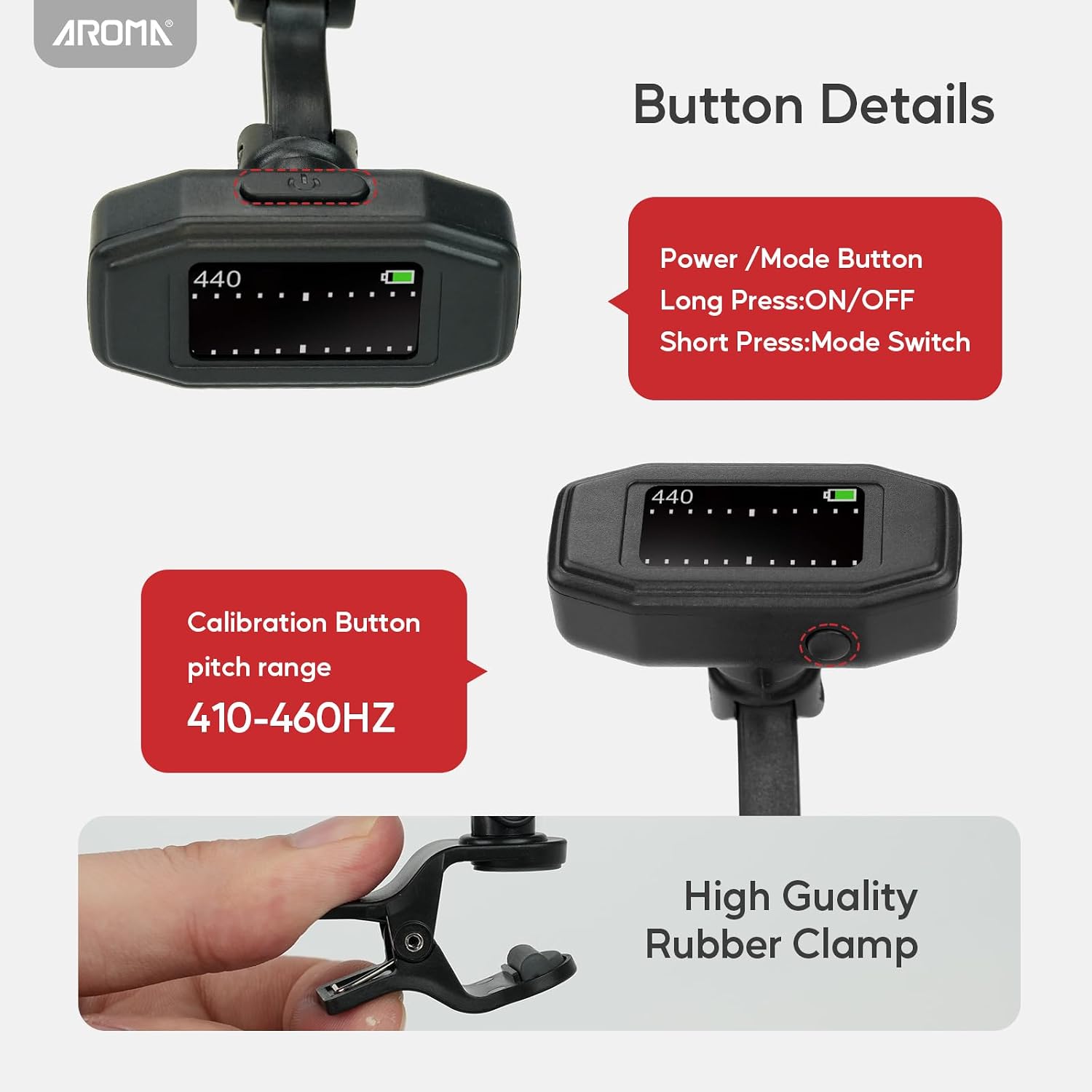 Detalle de Aroma Guitar Tuner Clip On Rechargeable with TFT Screen – Chromatic & Multi-Instrument