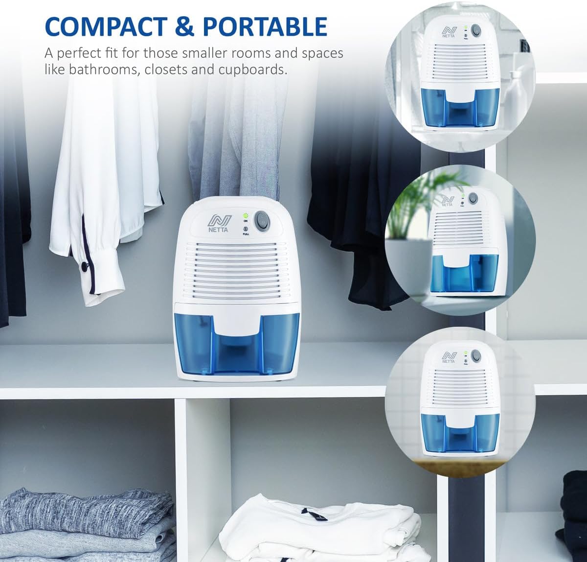 Thumbnail 6 de NETTA Mini Air Dehumidifier (Blue) – 500ml portable damp & mould dehumidifier for small rooms