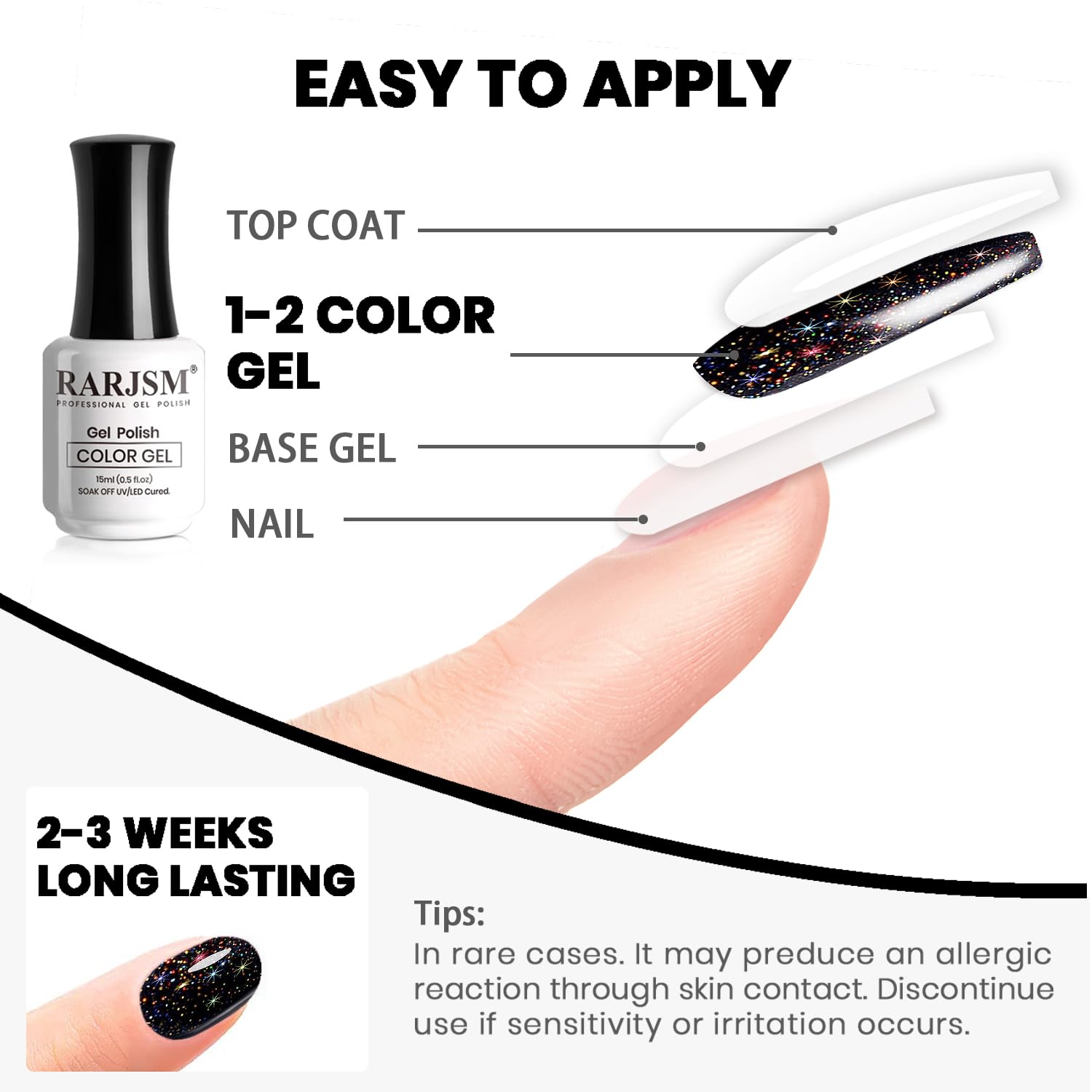 Thumbnail 5 de RARJSM Black Glitter Gel Nail Polish, Iridescent Chunky Shimmer, 15ml