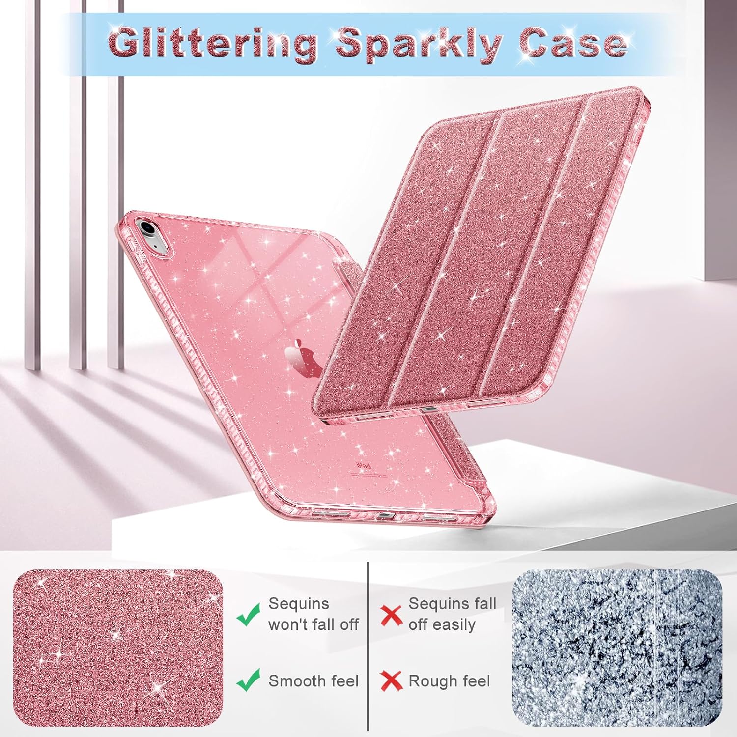 Detalle de FINTIE Glitter Case for iPad (A16) 11th Generation & iPad 10th Generation 10.9in – Rose Gold with Auto Wake/Sleep