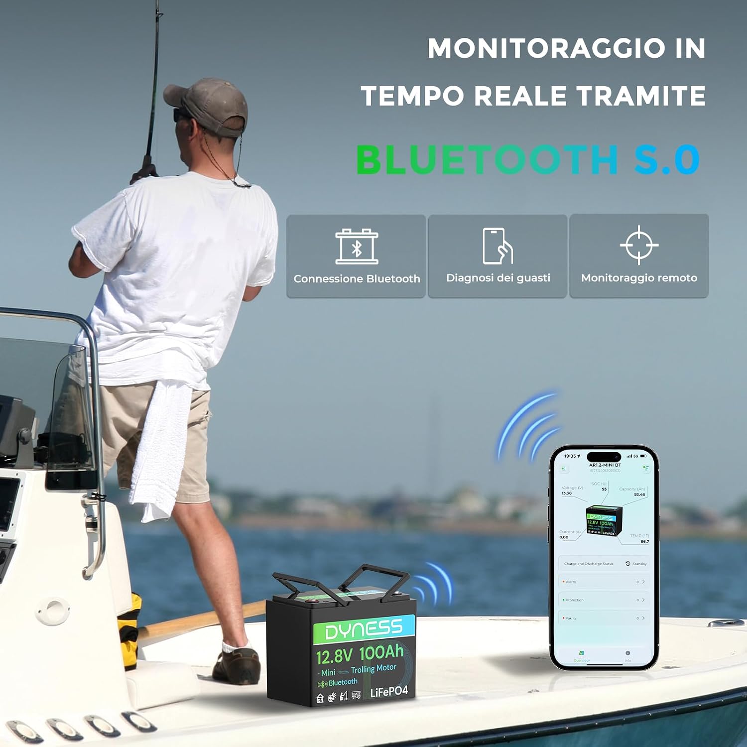 Detalle de Dyness Batteria LiFePO4 12V 100Ah Bluetooth: autonomia affidabile per nautica, camper e impianti solari off-grid