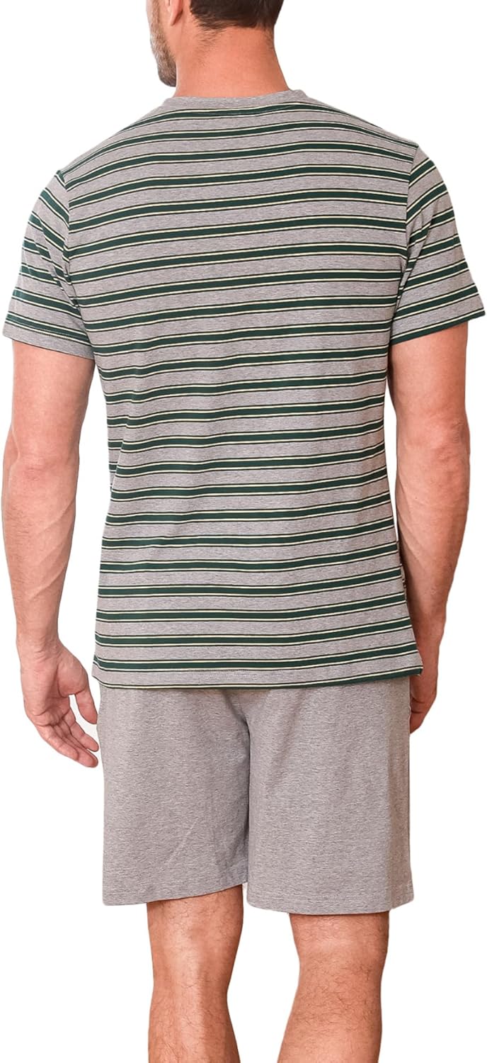 Detalle 2 de Winovia Schlafanzug Herren Kurz – Sommer Pyjama Set aus Baumwolle, gestreift, V-Ausschnitt, Brusttasche