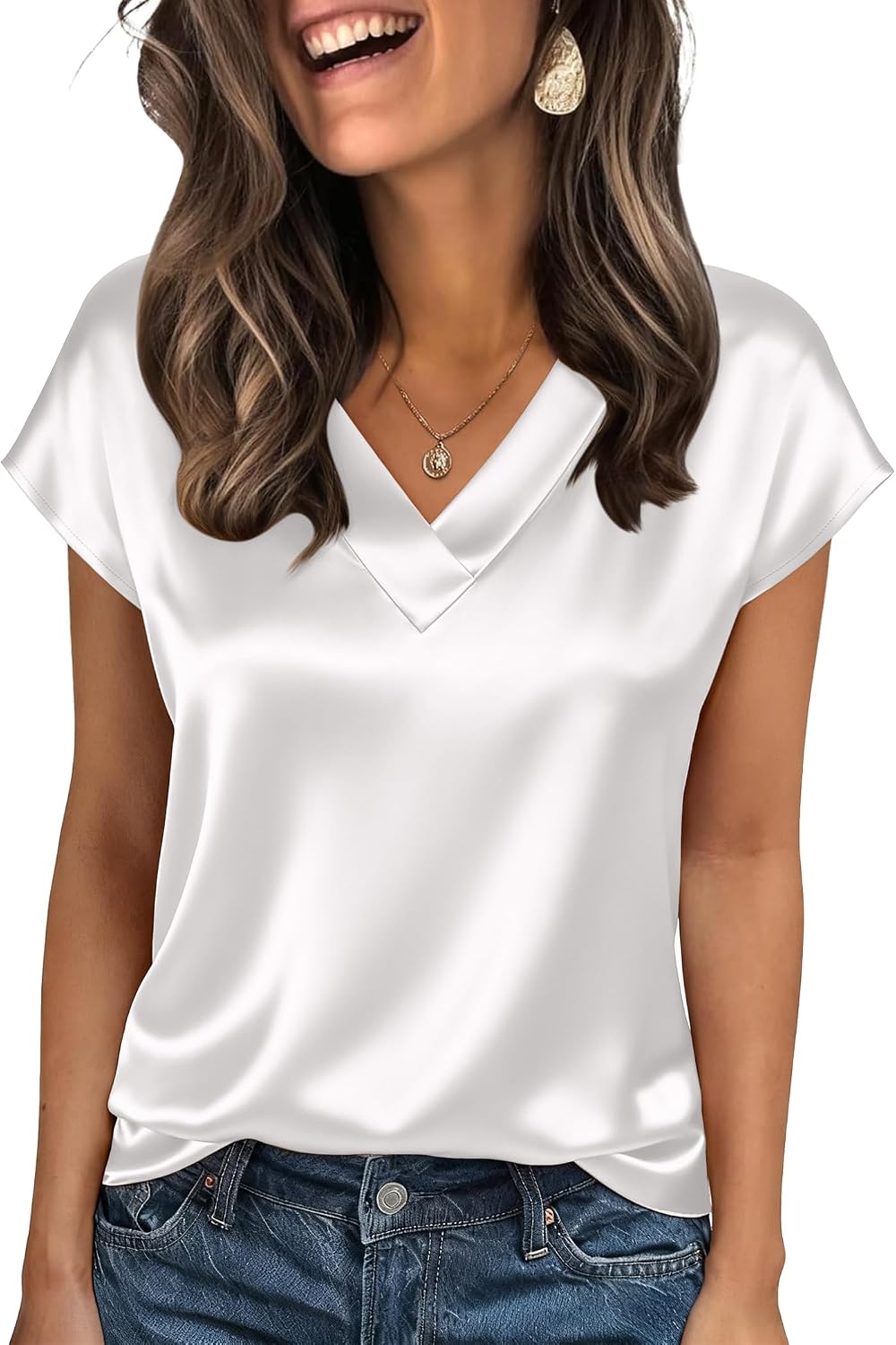 Detalle 2 de Zeagoo Women Silk Satin Tops Cap Short Sleeve Blouse with V Neck