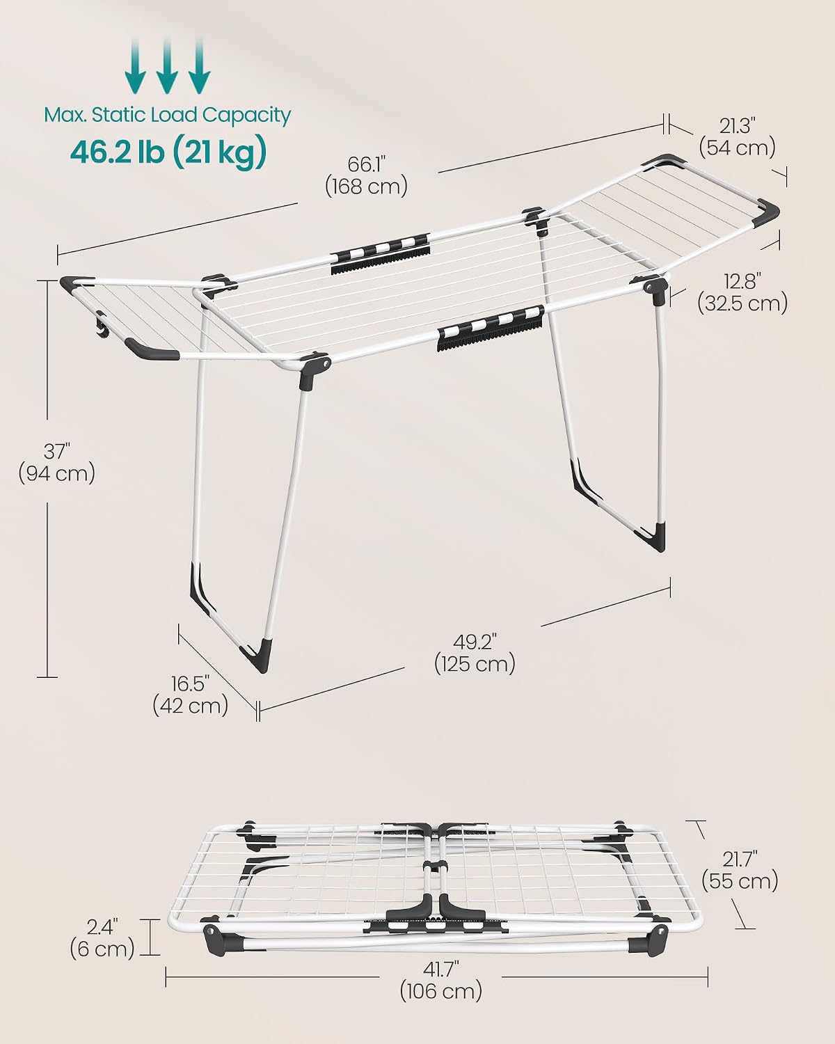 Detalle de SONGMICS LLR518W01 BUNJI Winged Clothes Airer, 18 m Drying Space