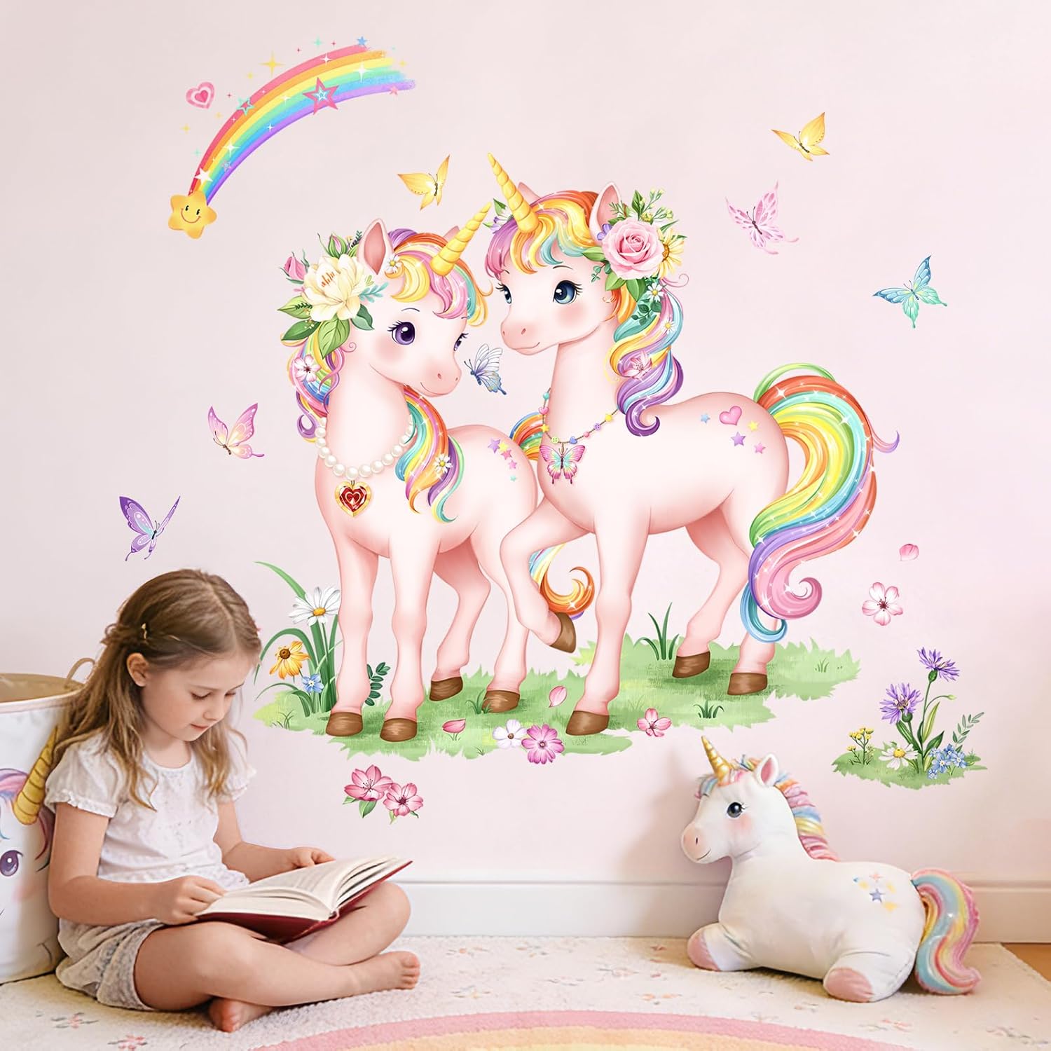 Thumbnail 6 de Tanlaby Einhorn Wandtattoo Regenbogen Groß – Rosa Pony & Blumen Sprites als Wandaufkleber