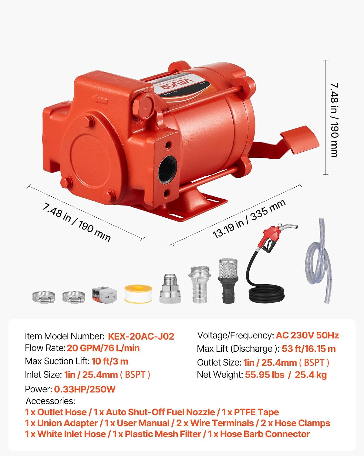 Thumbnail 6 de VEVOR Pompe Transfert Carburant 230 V CA – 76 L/min, kit complet (diesel, essence, kérosène, biodiesel)