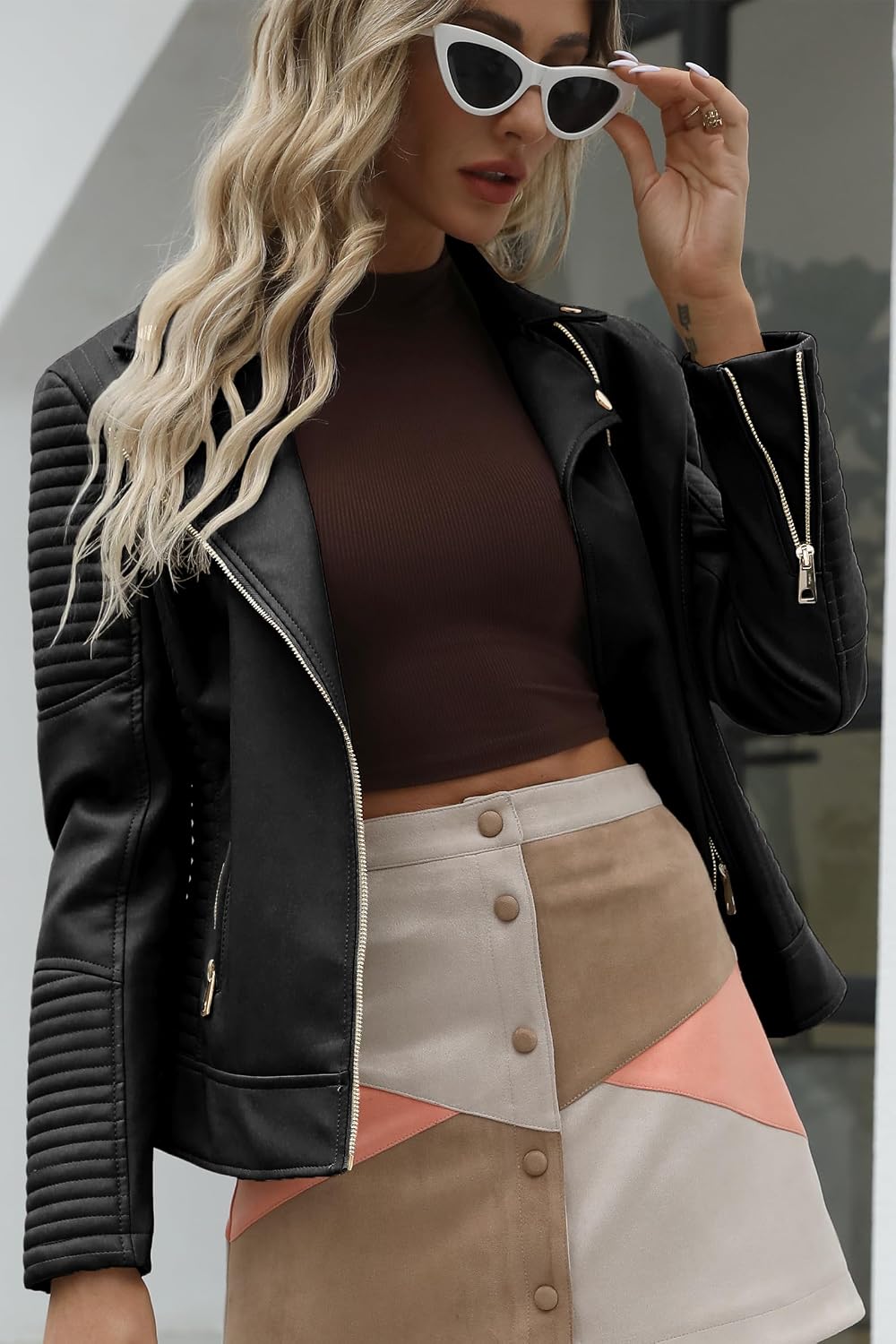 Detalle de Giolshon Chaqueta de cuero sintético Mujer Motoquera Abrigo corto