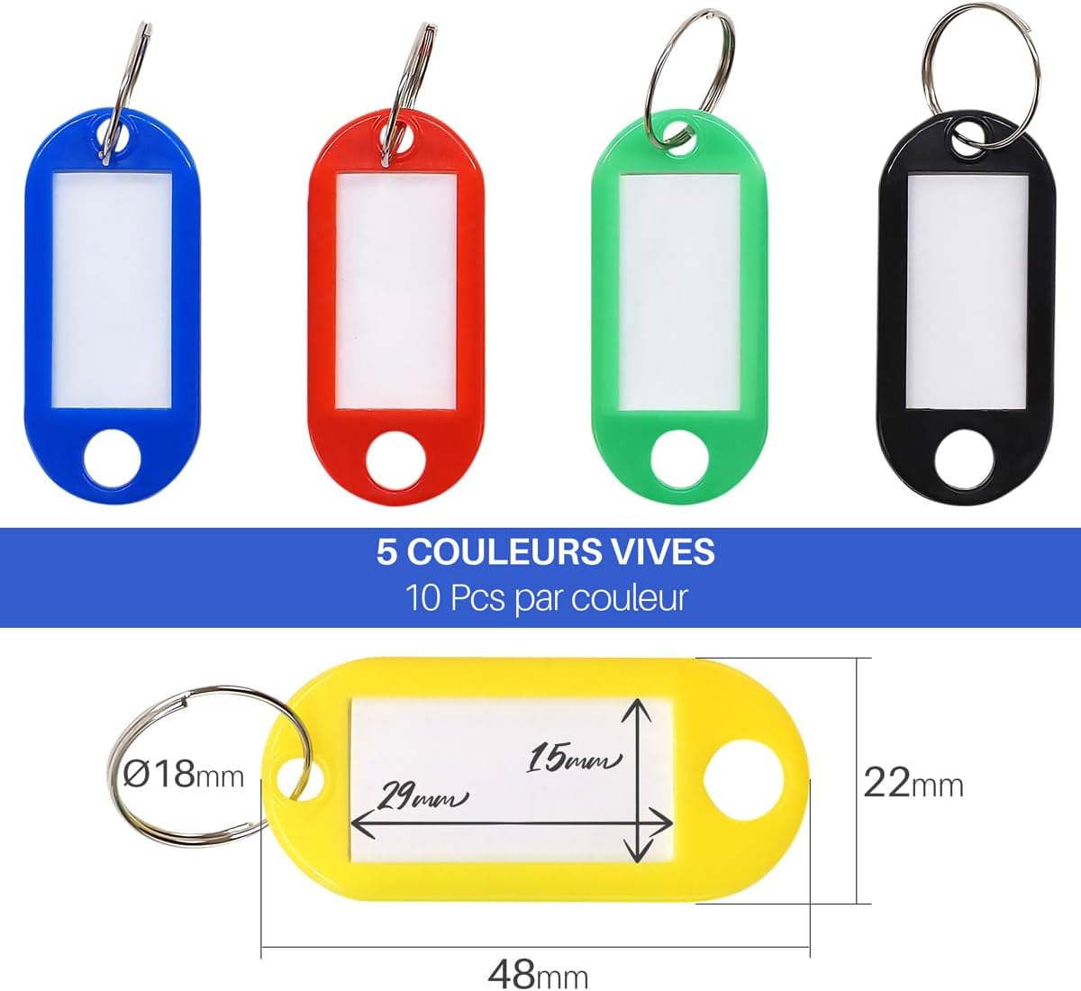 Detalle 2 de WAYTEX 931637 Lot de 50 Porte-clés Etiquettes – Polypropylène, anneaux en acier inoxydable, 5 couleurs assorties