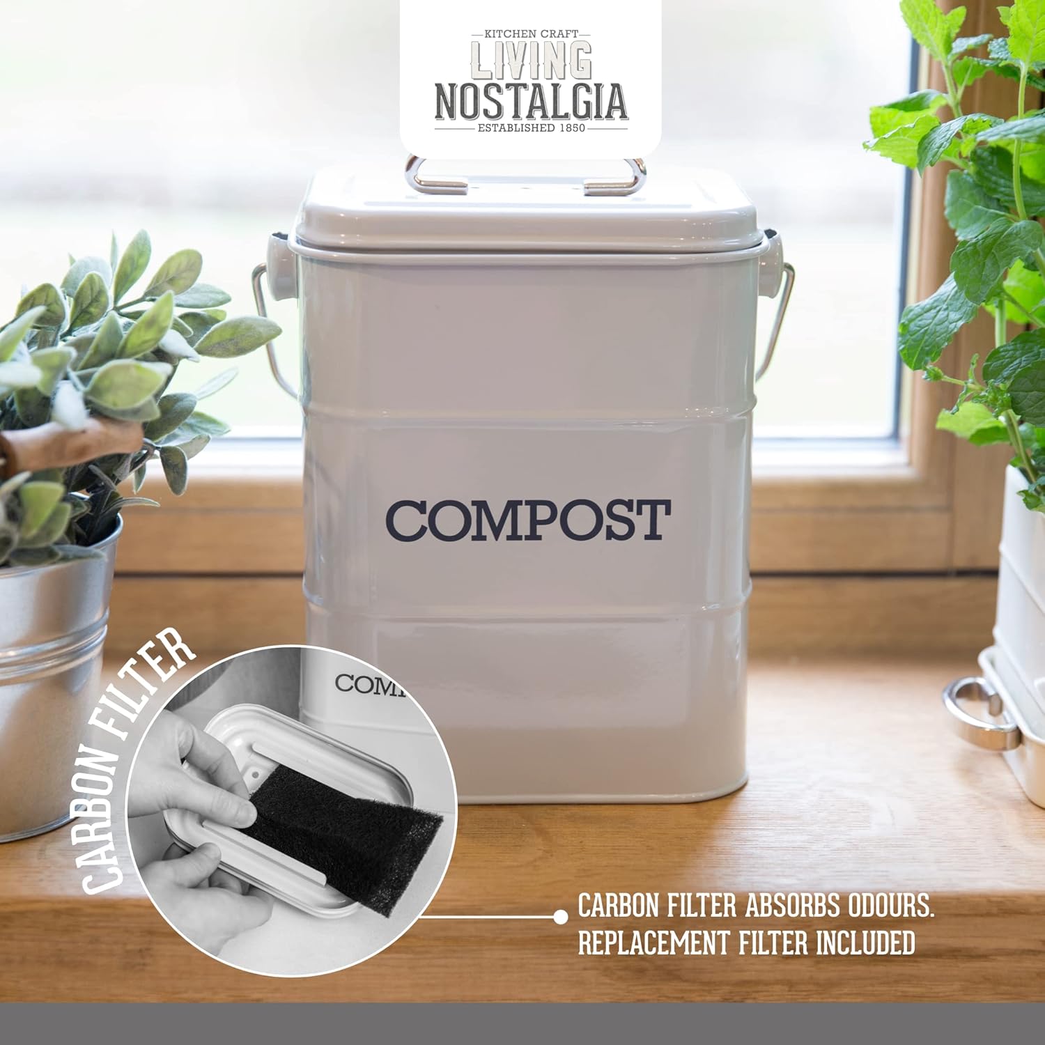Detalle de KitchenCraft Living Nostalgia Poubelle à compost métal, French Grey – 3 L, 16,5 × 12 × 24 cm
