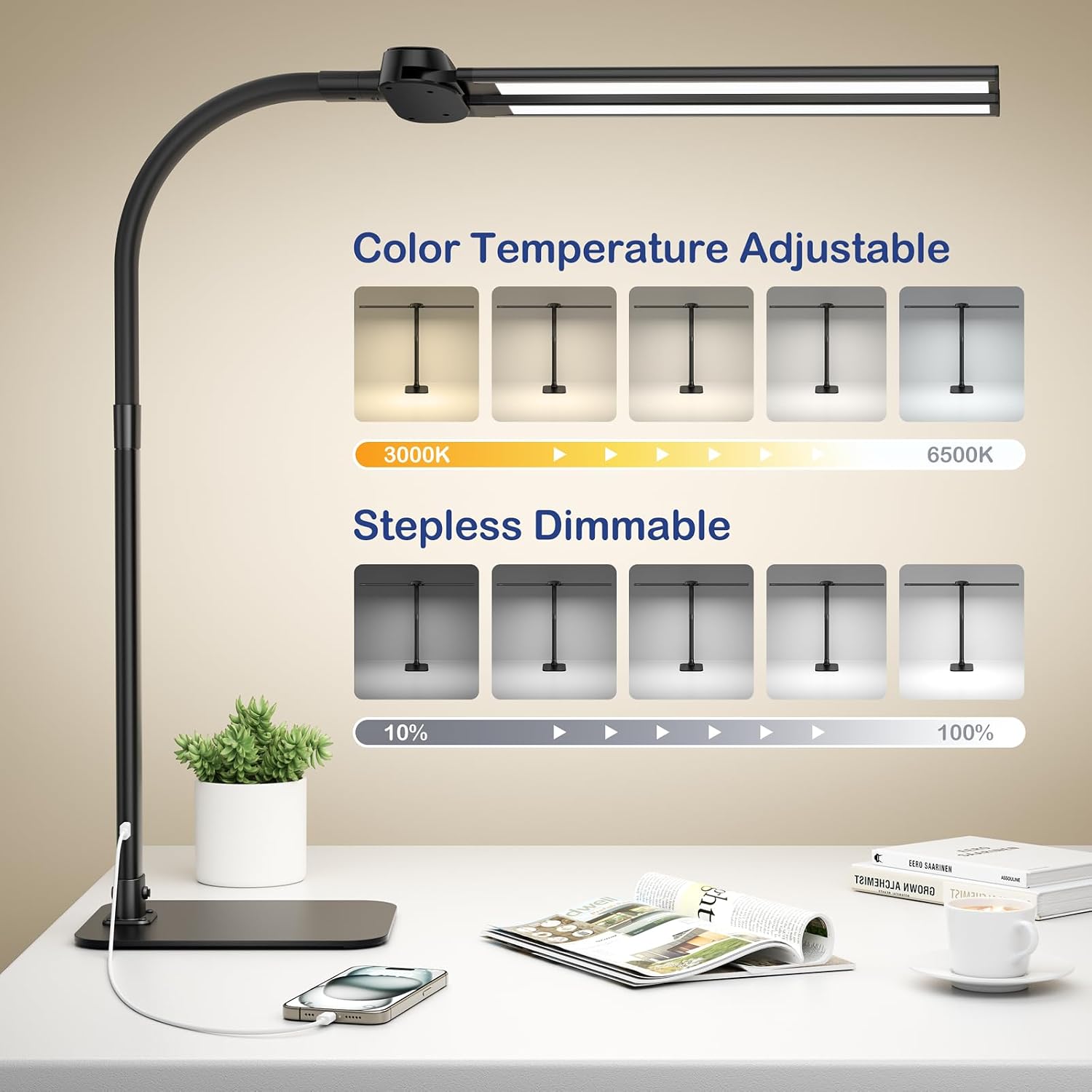 Detalle 2 de LED Desk Lamp 24W with USB Charging Port, Dimmable Light Bar & Wireless Remote