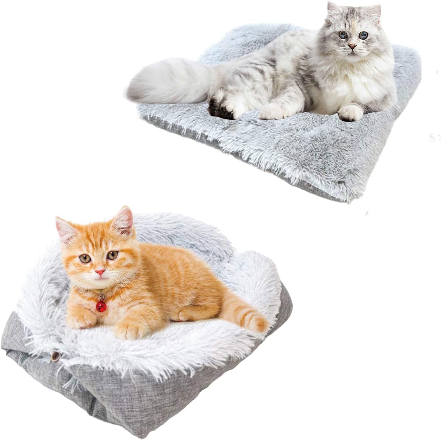 Self-Warming Cat and Dog Mat - Fluffy Plush Bed Nest with Foldable Heating Cushion (Gray, 61x51cm)