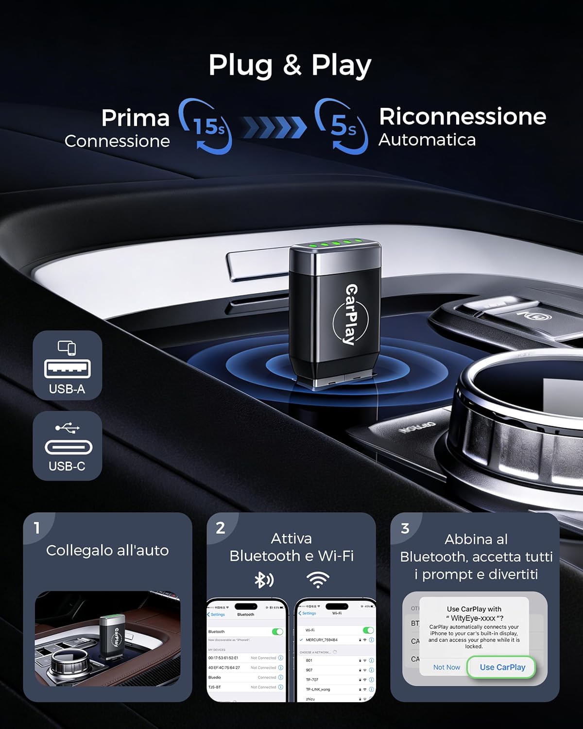 Detalle de 【2026 Aggiornata】Mini Adattatore CarPlay Wireless: CarPlay senza fili per iPhone