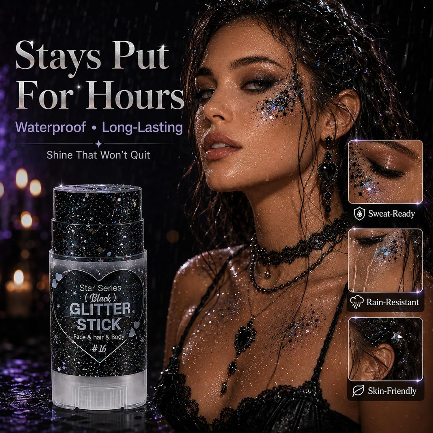 Thumbnail 6 de Go Ho WLG-346-16-US Black Glitter Stick, Waterproof Hexagonal Shimmer