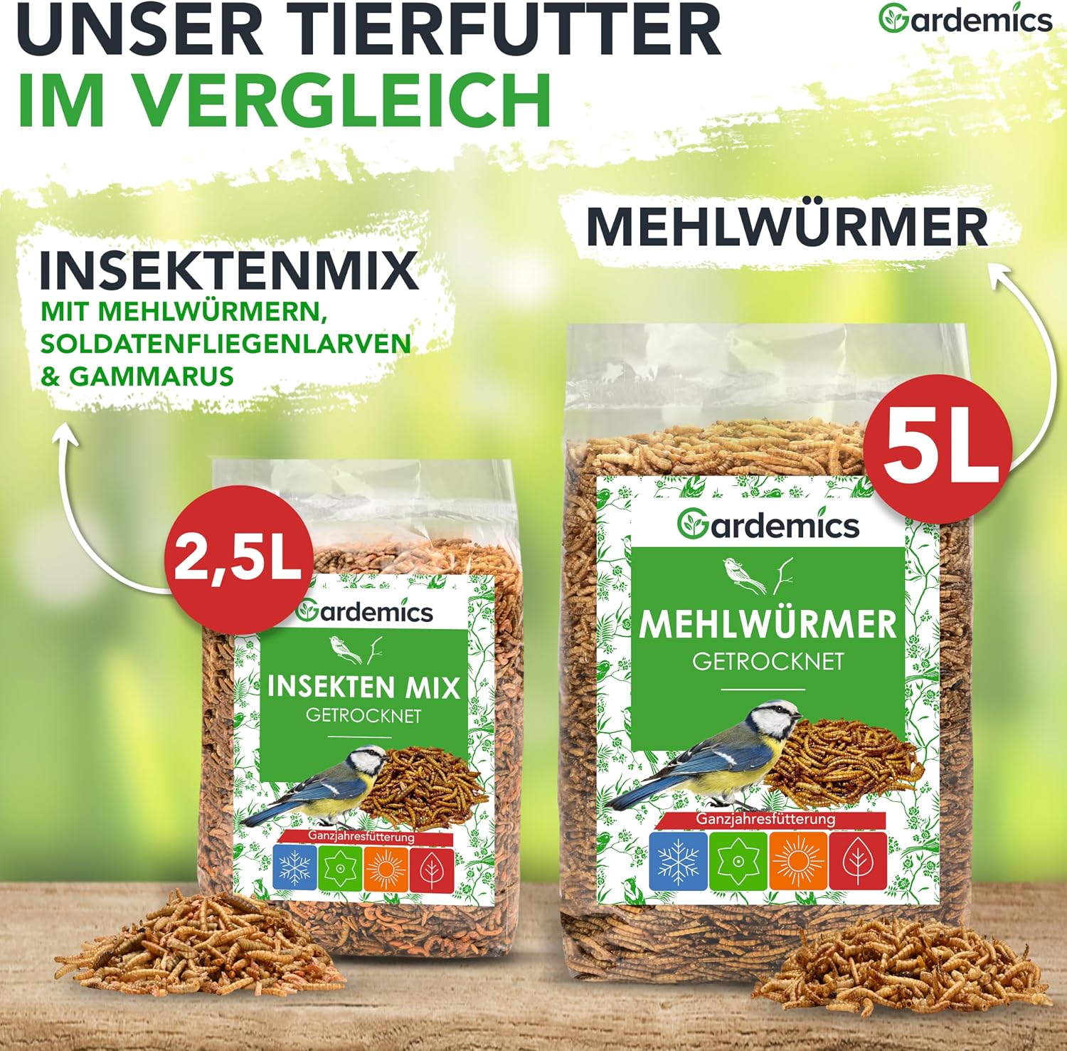 Thumbnail 6 de Gardemics Mehlwürmer getrocknet 5 Liter – 800 g Premium Insektenfutter für Vögel, Fische, Schildkröten und mehr