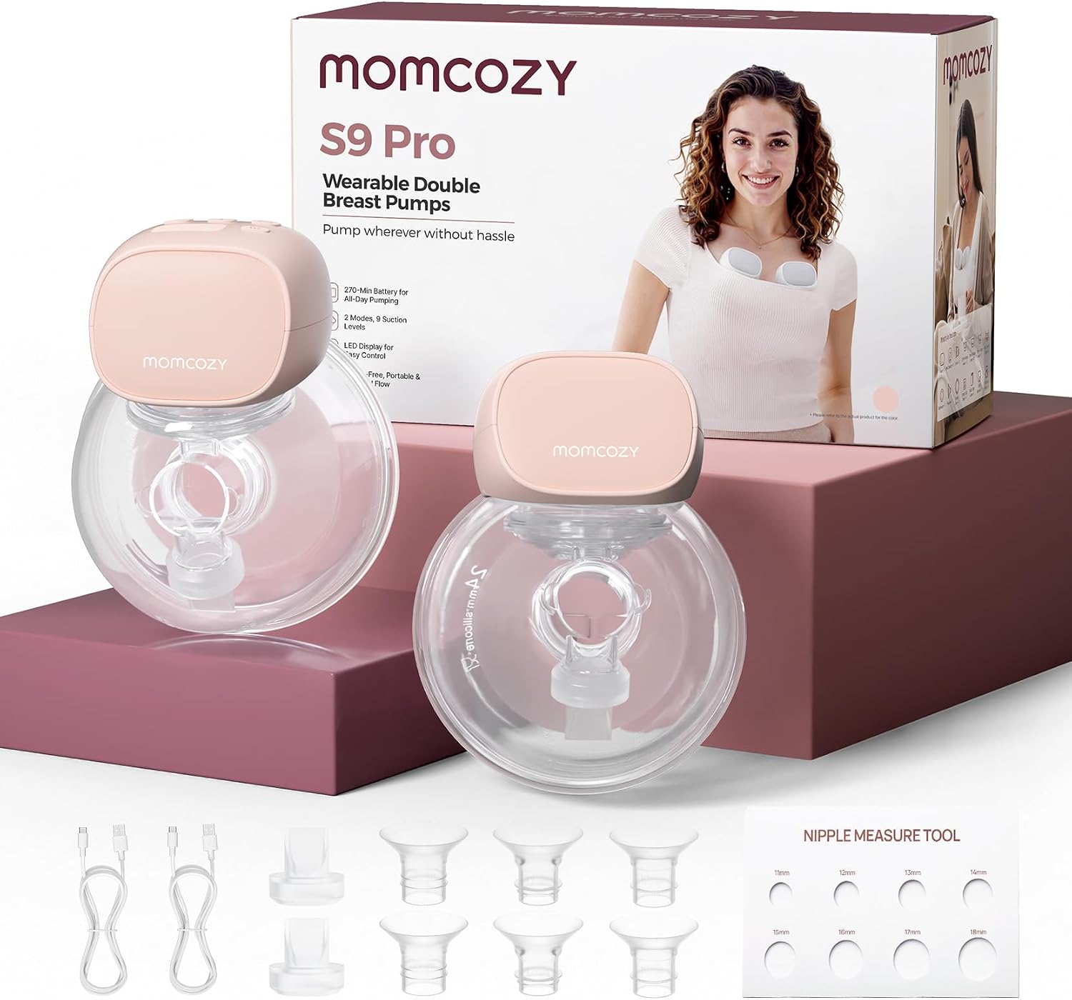 Detalle de momcozy S9 Pro Milchpumpe elektrisch tragbar (rosa) – 2 Modi, 9 Stufen, LED-Anzeige, 2er Pack